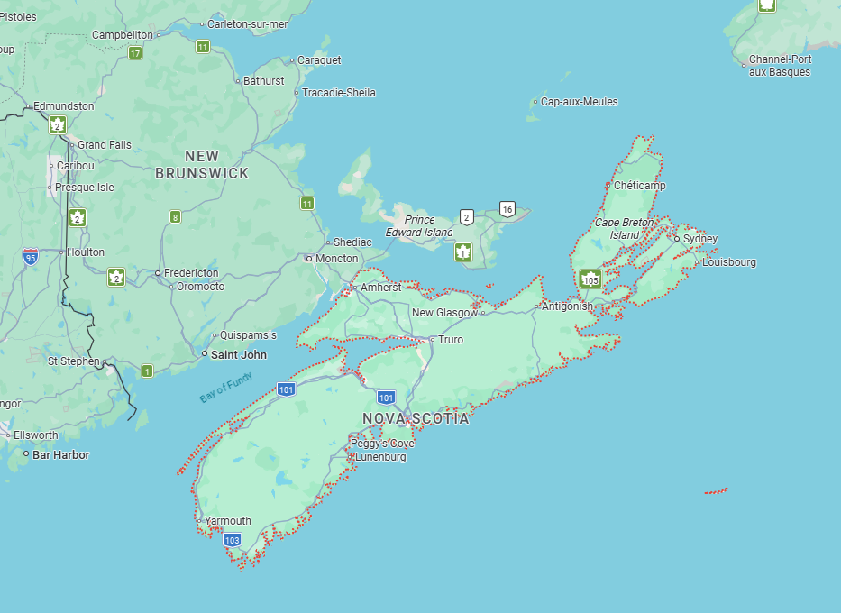 Nova Scotia measures about 375 miles top to bottom.  The top fifth is Cape Breton Island, which is separated from the mainland by the narrow
