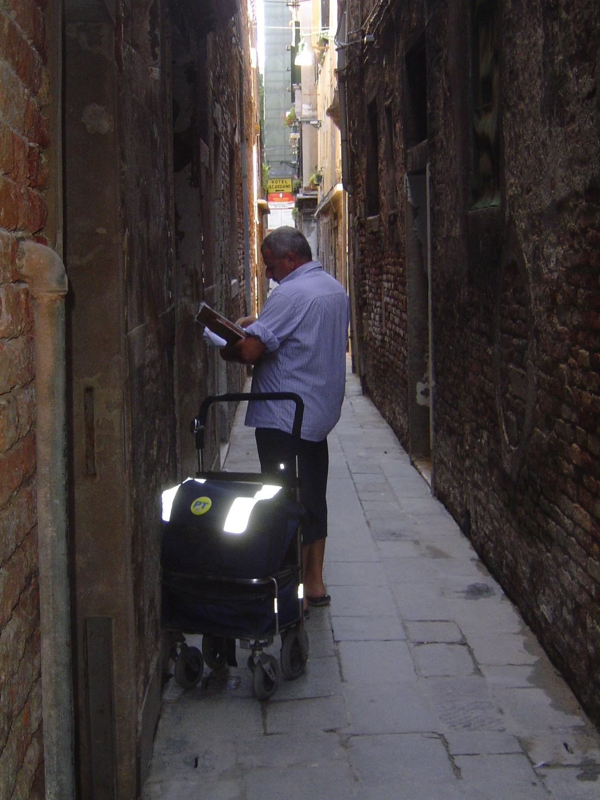 The postman has it easy in his stroll through the narrow calli, or alleys.