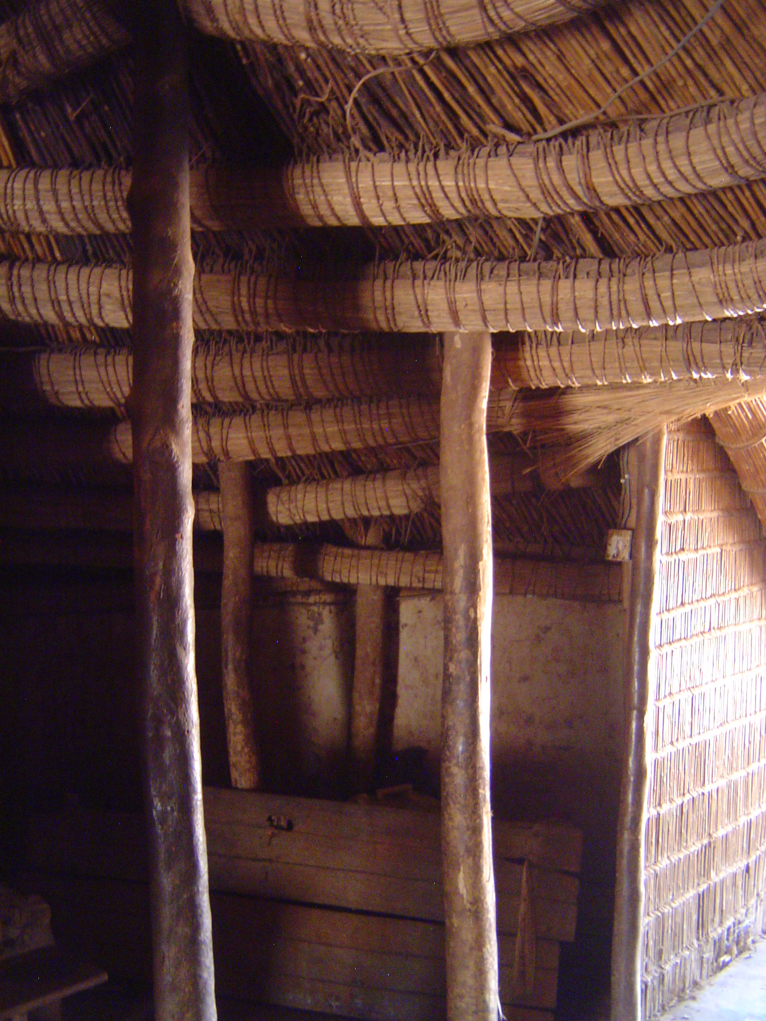 Exposed poles like these were normally wrapped in bark cloth. Planted half a meter into the ground, they were set in circles. All the pole w