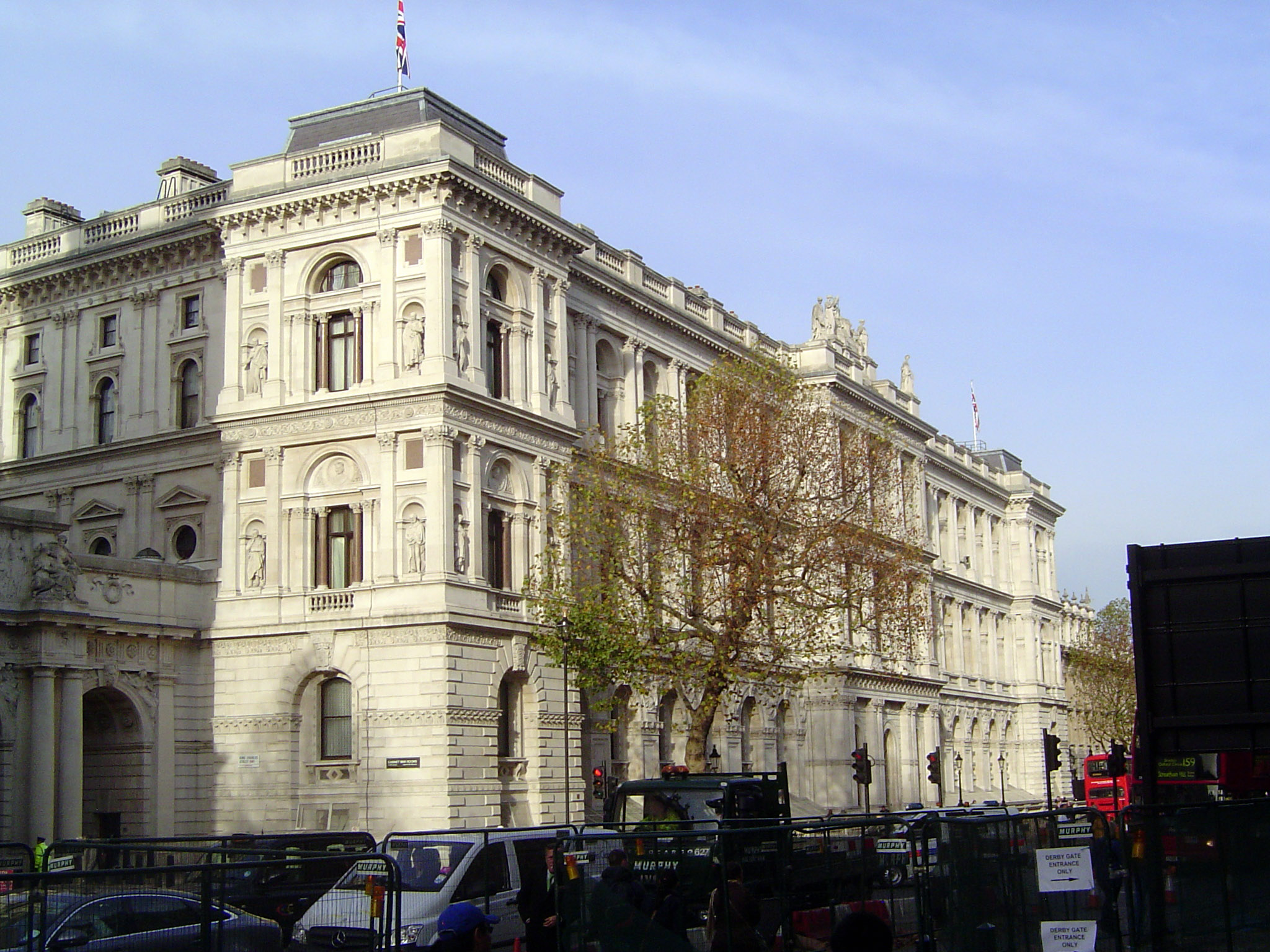 In comparison, the Whitehall face of the FCO seems low key, especially because to save money the corner towers were never built. The buildin