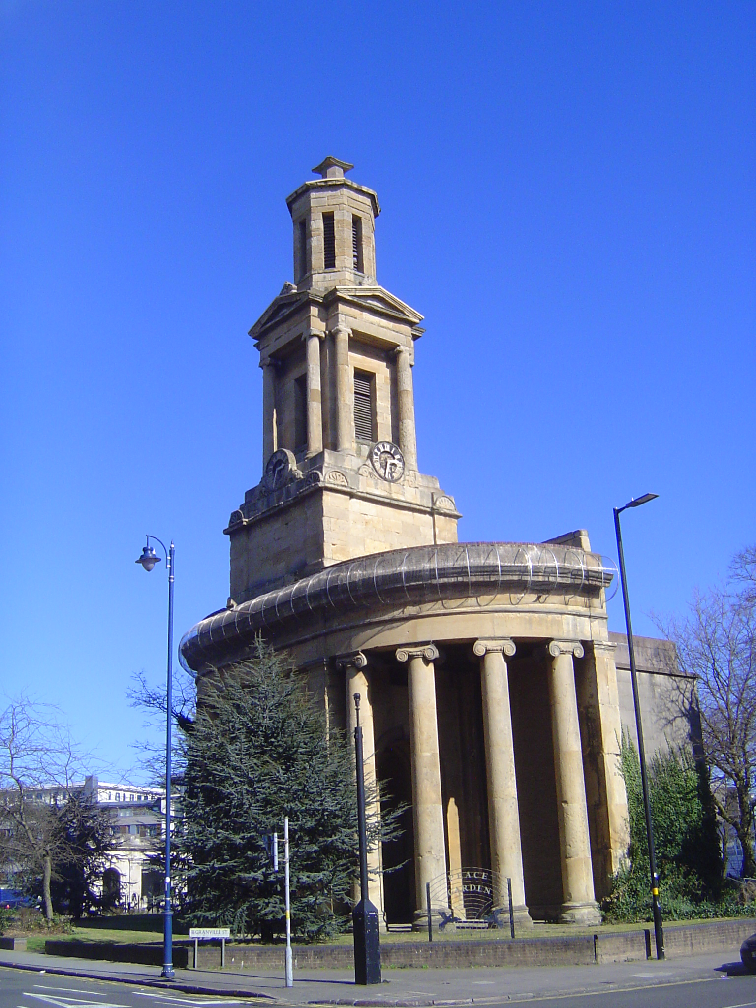 St. Thomas, built in 1829, was bombed in 1941, which left only the west end, minus its ball and cross.

George Yates, in his Historical and
