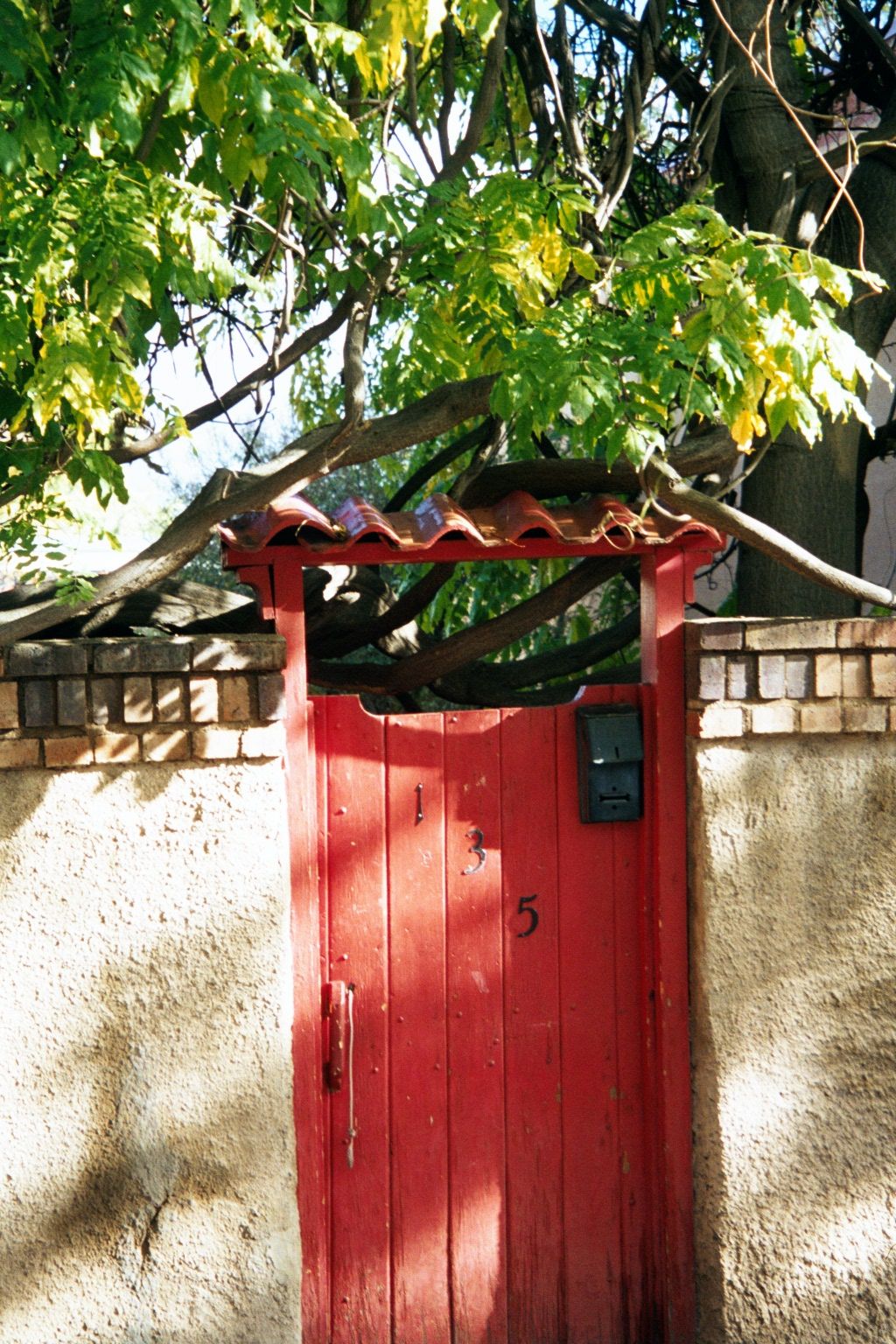 A colorful Doorway along De Vargas Street, just south of the town plaza. The color is inauthentic, but then the Santa Fe style is itself ina