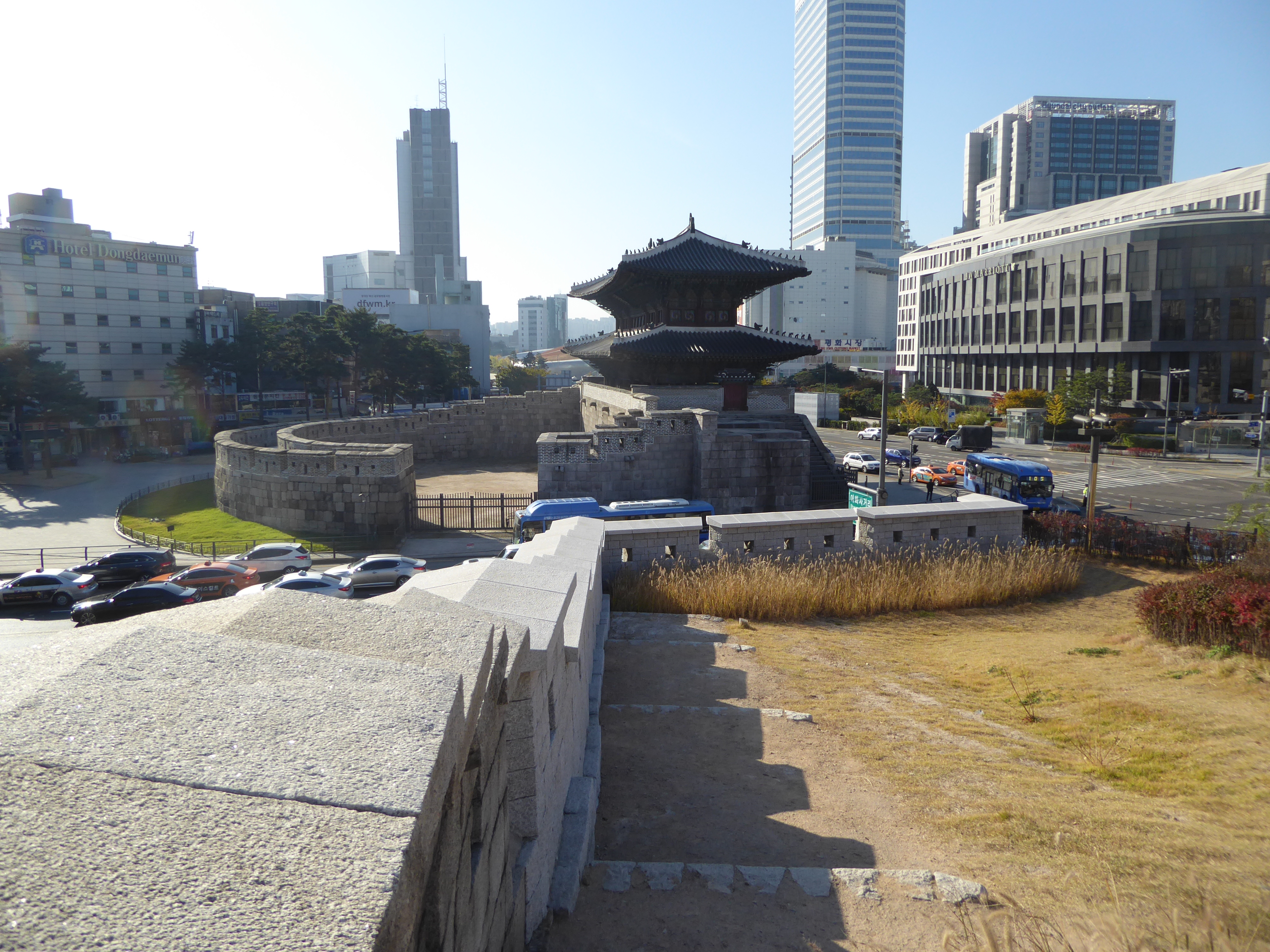 We're at the same spot but looking south now at the east gate. It's Dongdaemun, formally called Heunginjimun, "Gate of Rising Benevolence."