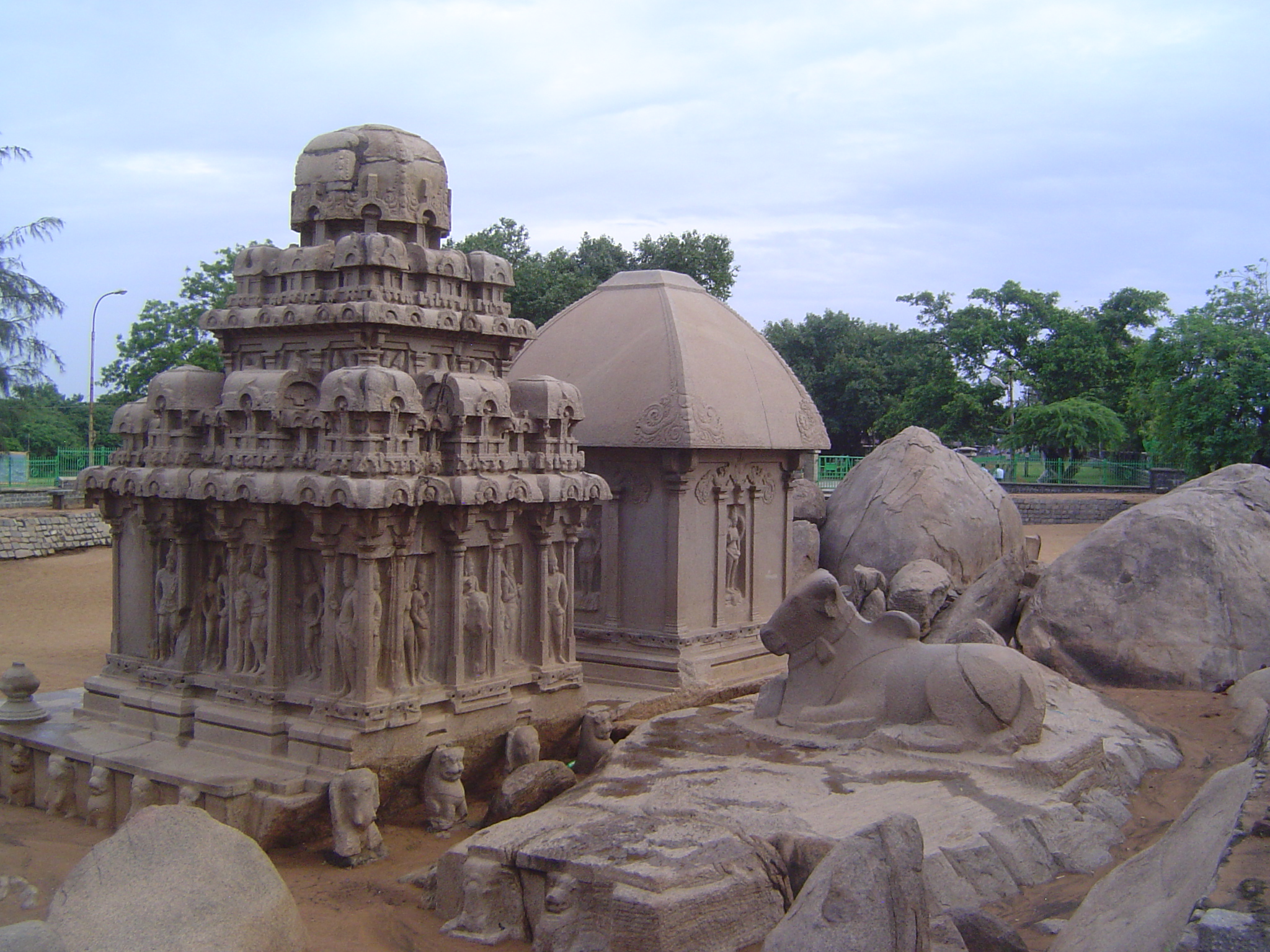 A view from the other side of Draupadi and the so-called Arjuna Ratha, really a Shiva temple, as indicated by the resting bull behind it. On