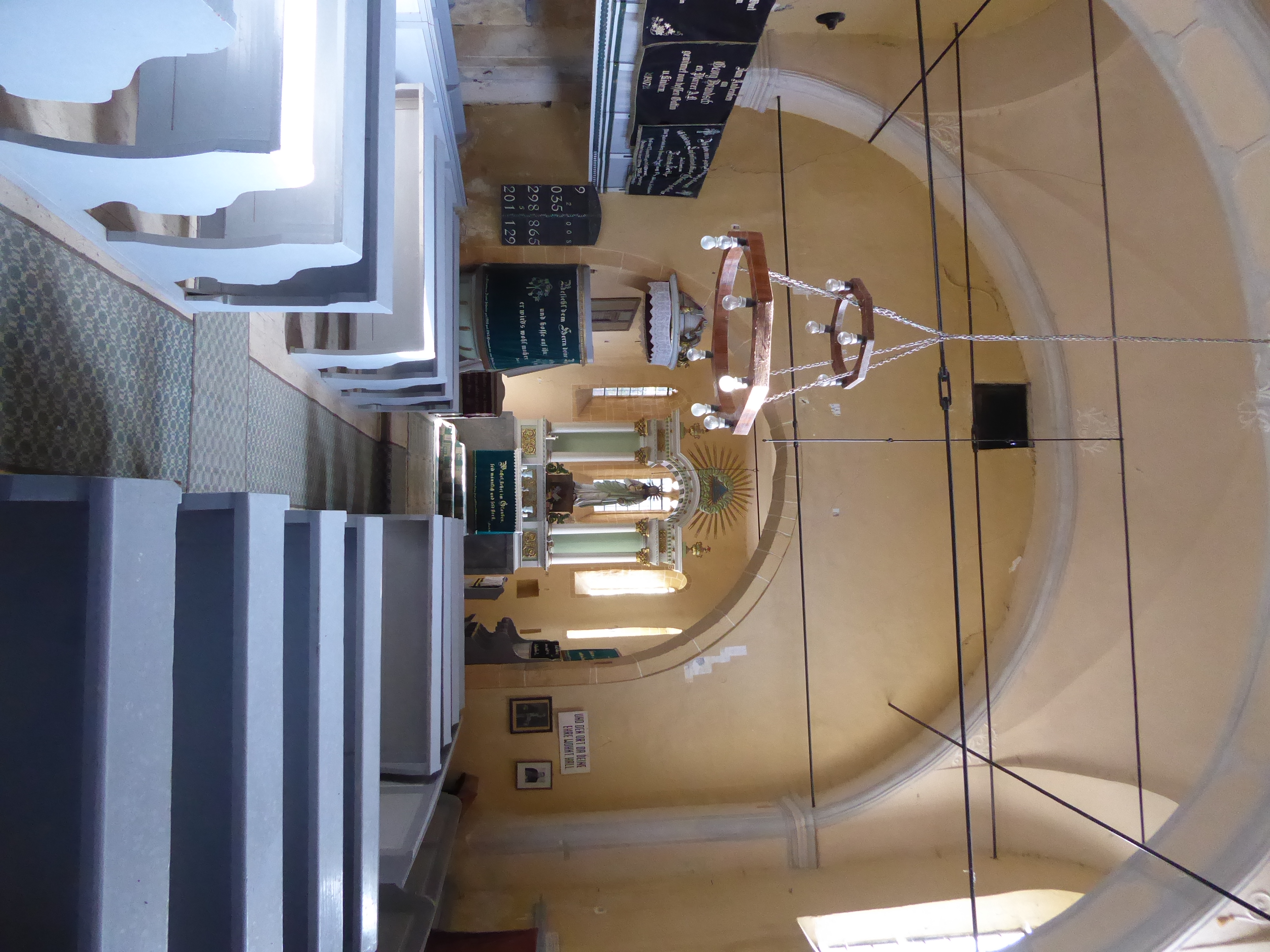 The interior was heavily modified about 1800. The altar is even later, from 1852.