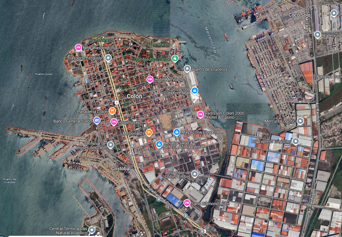 Colón today remains anchored to its port, both the old port begun by the railroad on the west you can see the projecting piers added by the