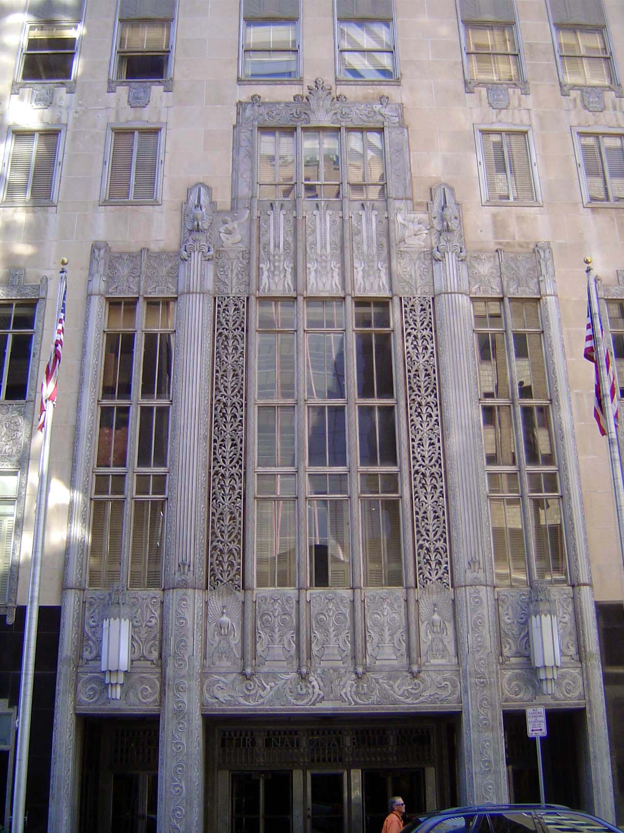 The entrance to the First National. The ornament, of deplated aluminum, was done by the Michaels Art Bronze Company of Covington, Kentucky.