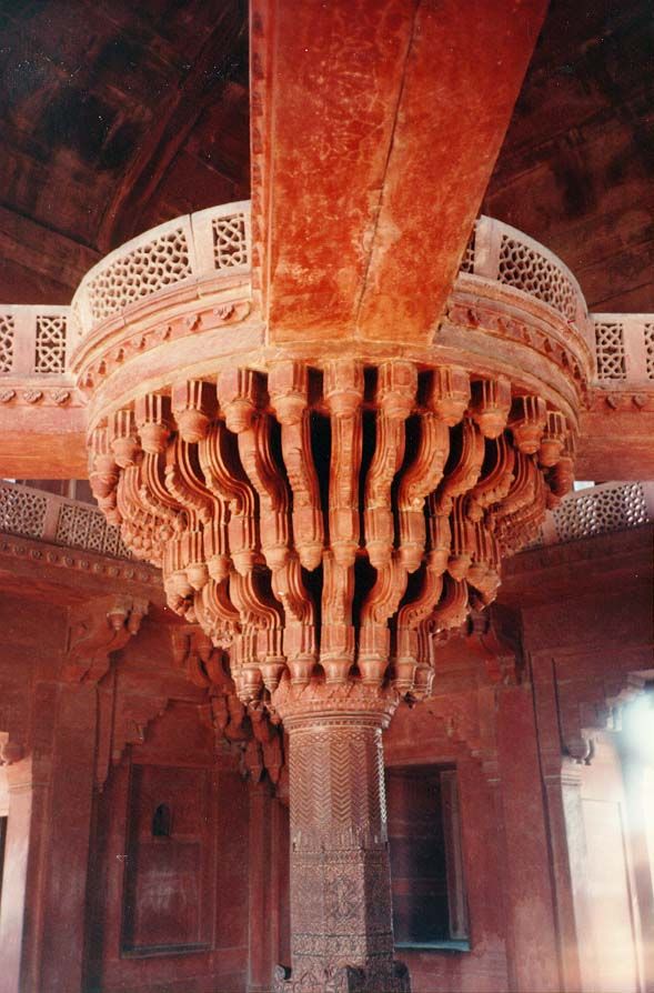 Inside, there's only one room, with this ornately corbelled column, atop which Akbar is said to have sat in council, master of the four quar
