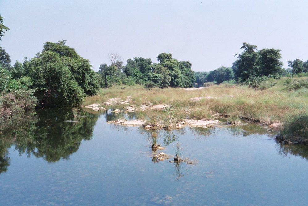 A quiet pool has backed up behind a drop in the distance.