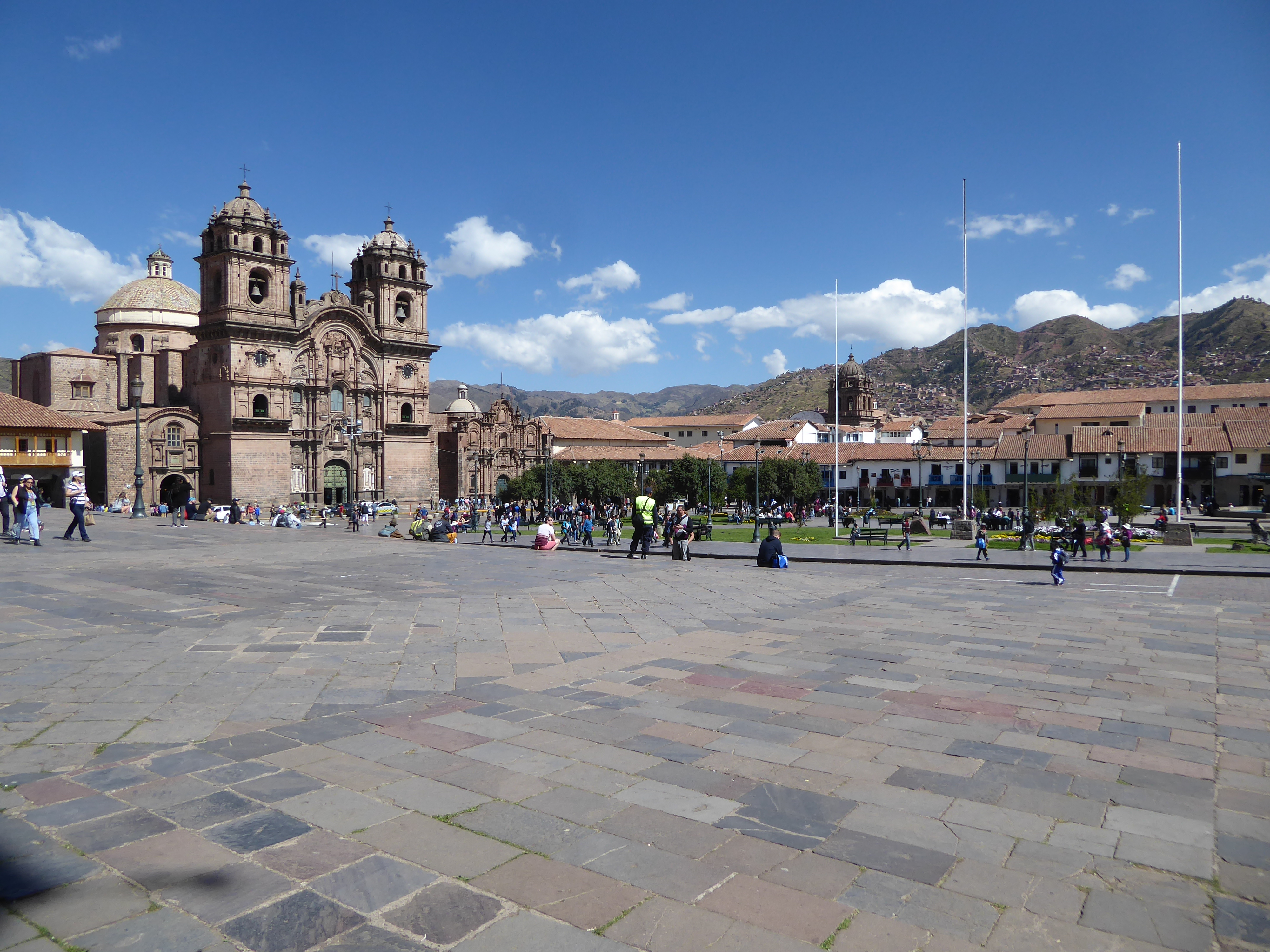 Here's the view from the cathedral door toward the Jesuit church. Age of the pavement? Given the Inca avoidance of mortar in prestige projec