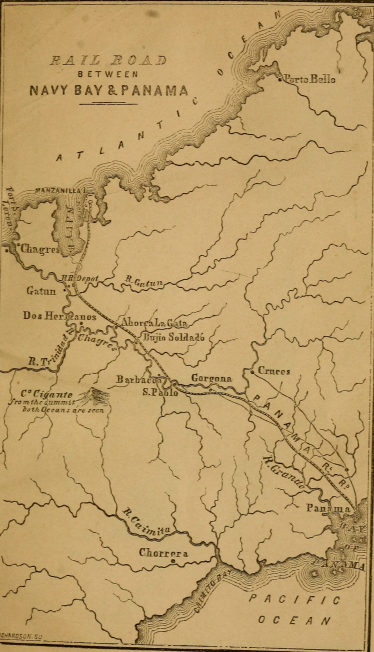 A map from 1852 shows the line of the projected railroad, which extended from Colón no farther than Barbacoa, where it awaited a bridge acro