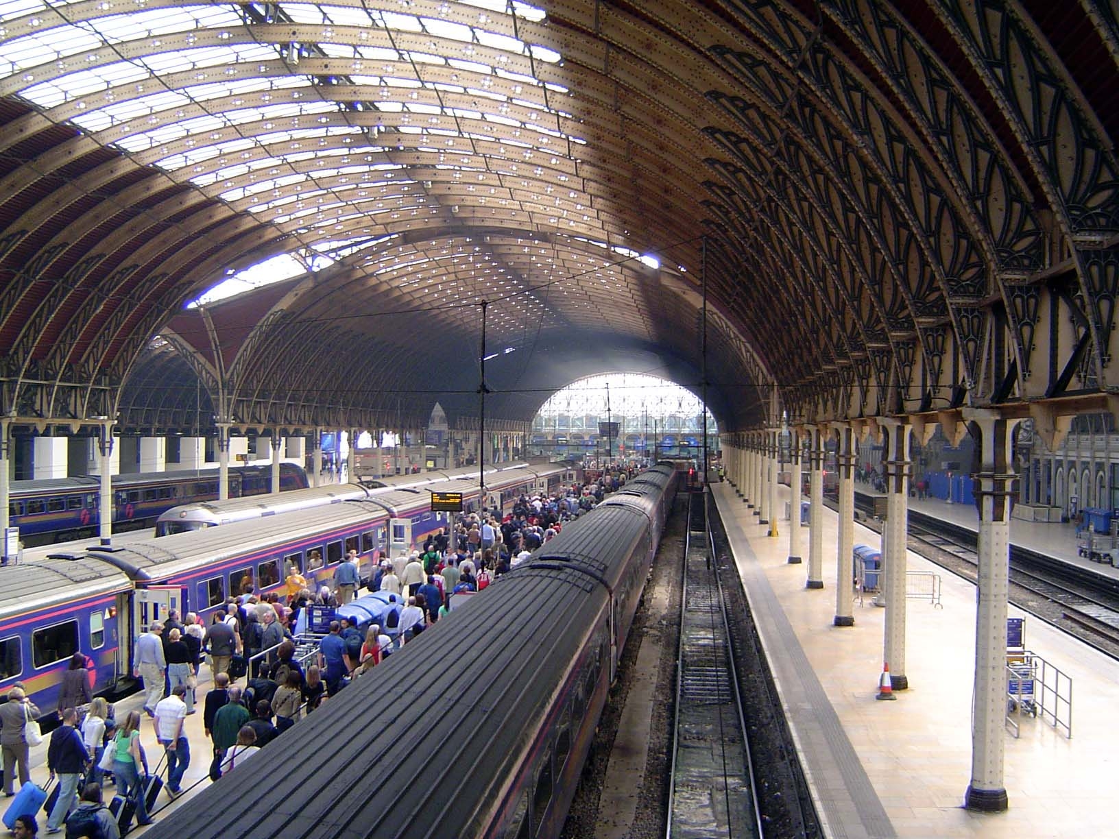 The Paddington shed. The railway opened in 1854 as the London terminus of Isambard Brunel's Great Western Railway. The three wrought-iron ba