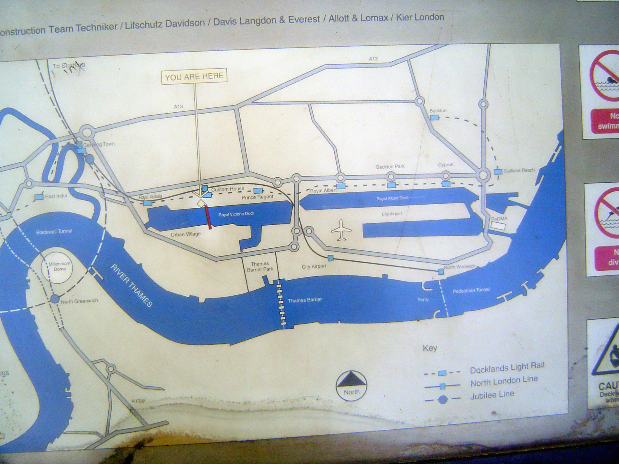 Here's the answer in map view. The East India dock can just be discerned west of the mouth of the Lea and across from the dome. The replacem