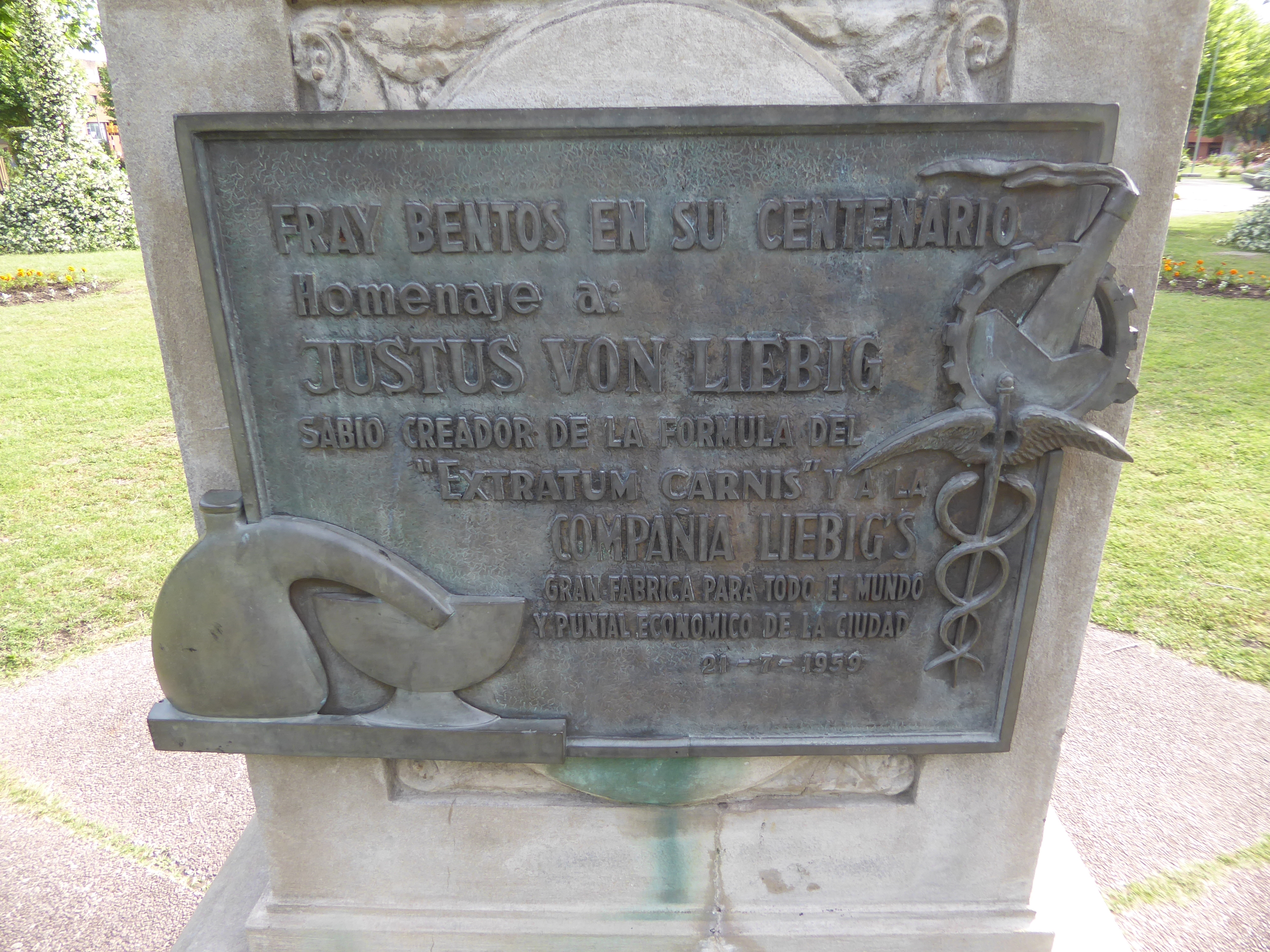 Another monument recalls that the father of organic chemistry had many practical interests, including "Extractus carnis." Too expensive to m