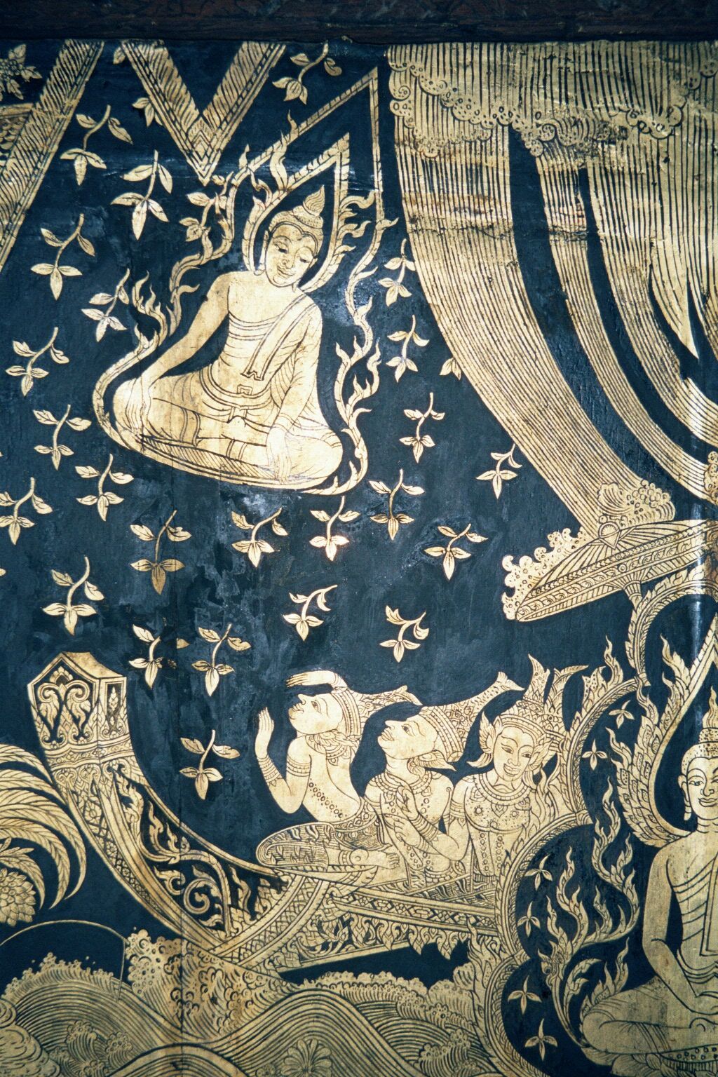 Enlightened, the Buddha floats overhead, while fire-worshippers are forced into a boat by floods. They soon convert to Buddhism.