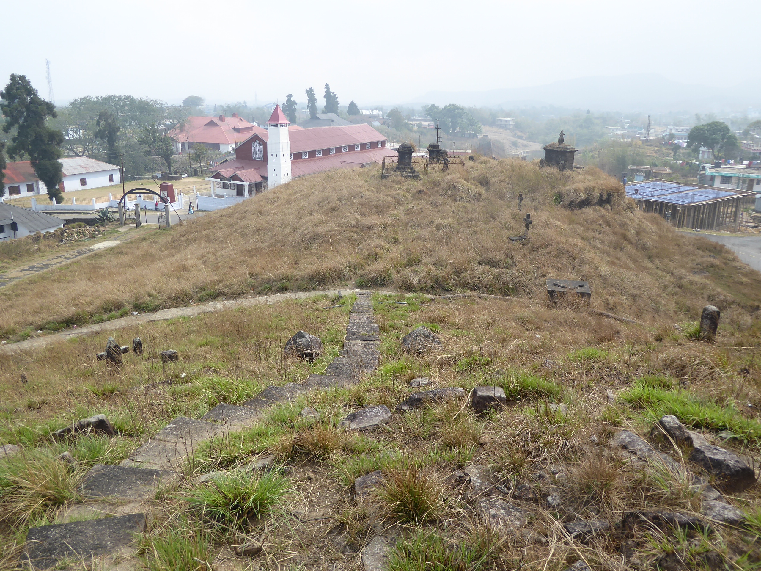 The Presbyterian cemetery overlooks the church. The former theological college is the building to its left.