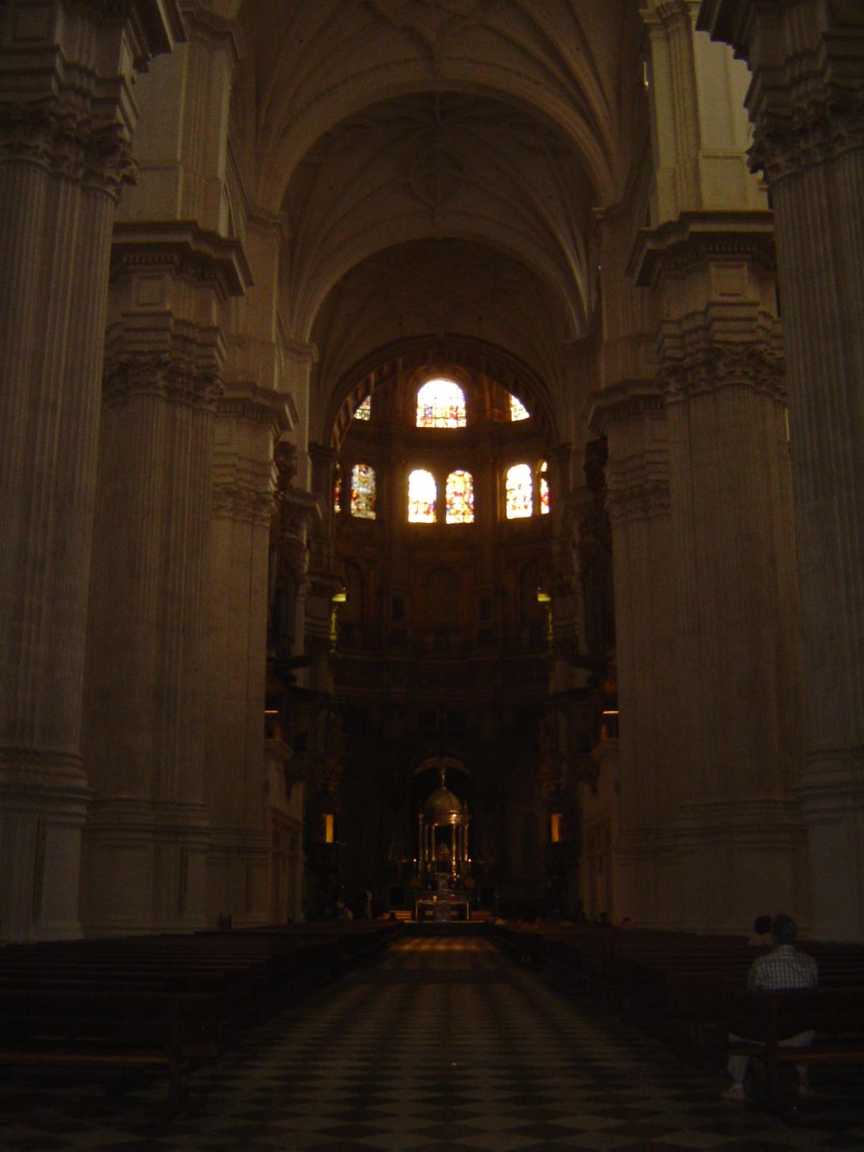 Inside, massive columns almost hide even more massive piers that carry the structure.