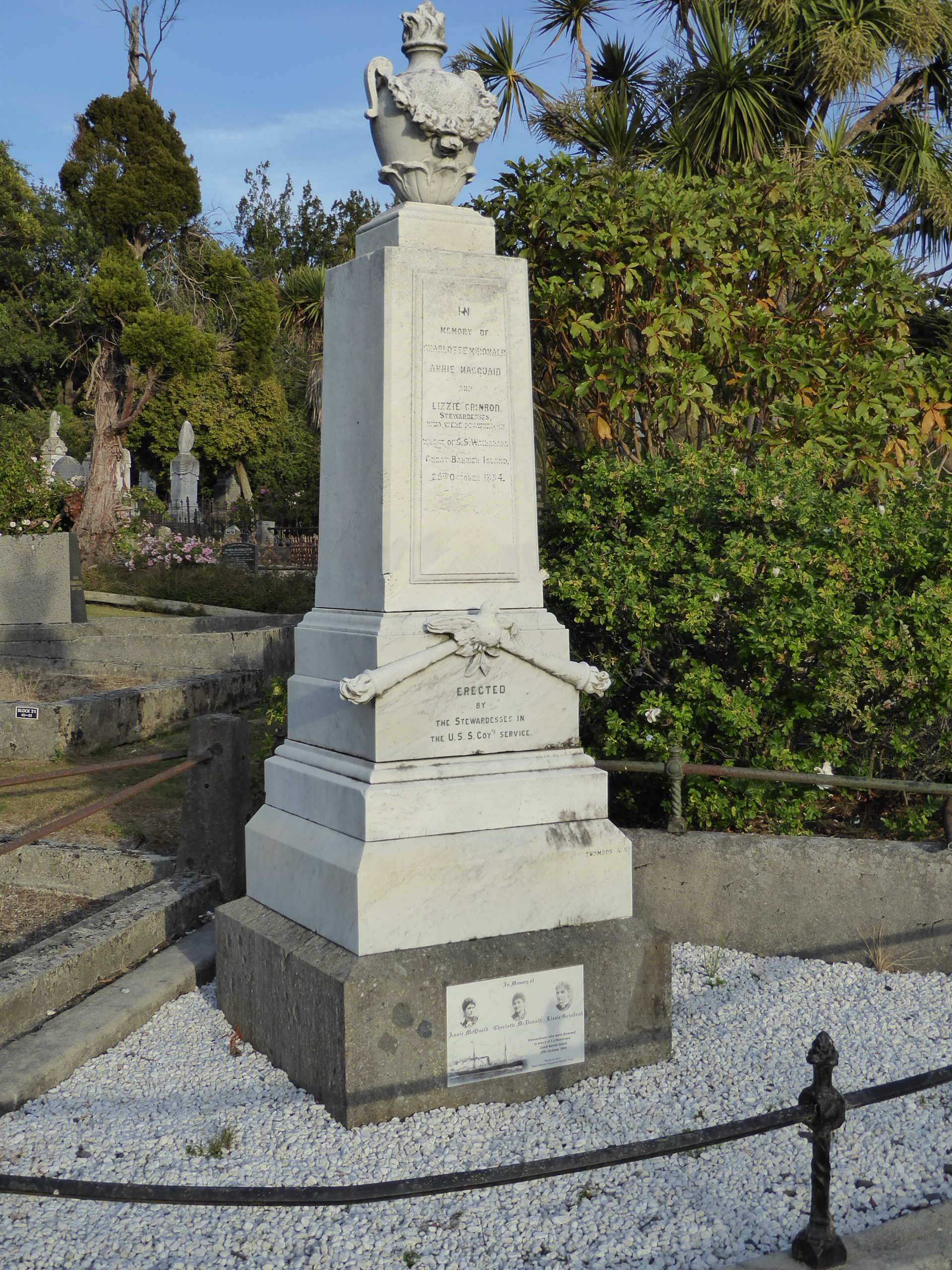 A monument to Charlotte McDonald, Lizzie Grindrod and Annie McQuaid, a trio of stewardesses aboard the S.S. Wairarapa. They drowned in 1894