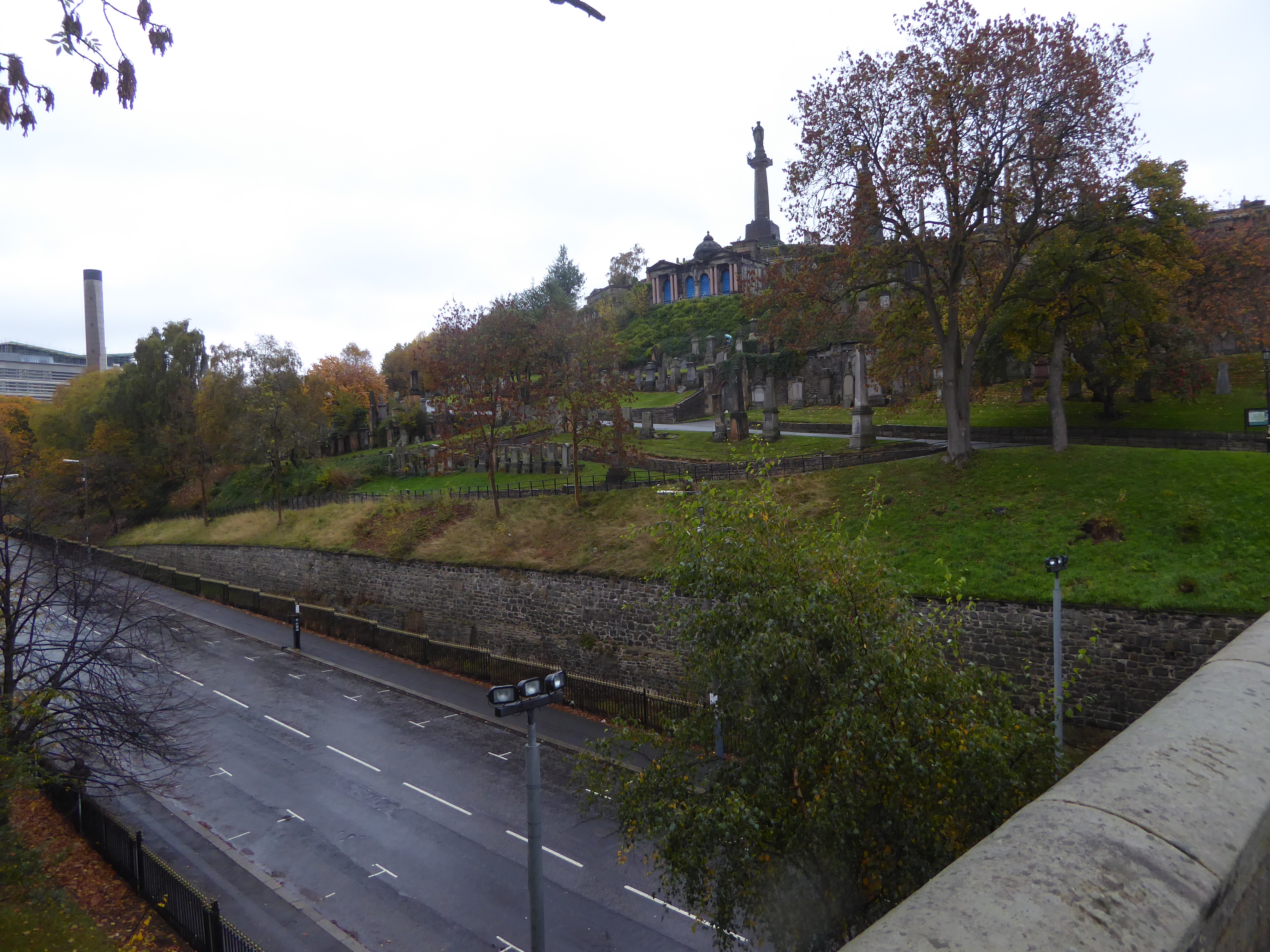 We're behind the cathedral and on the Bridge of Sighs.  Down below, High Street is here on its way north to the M8. The stack on the left be