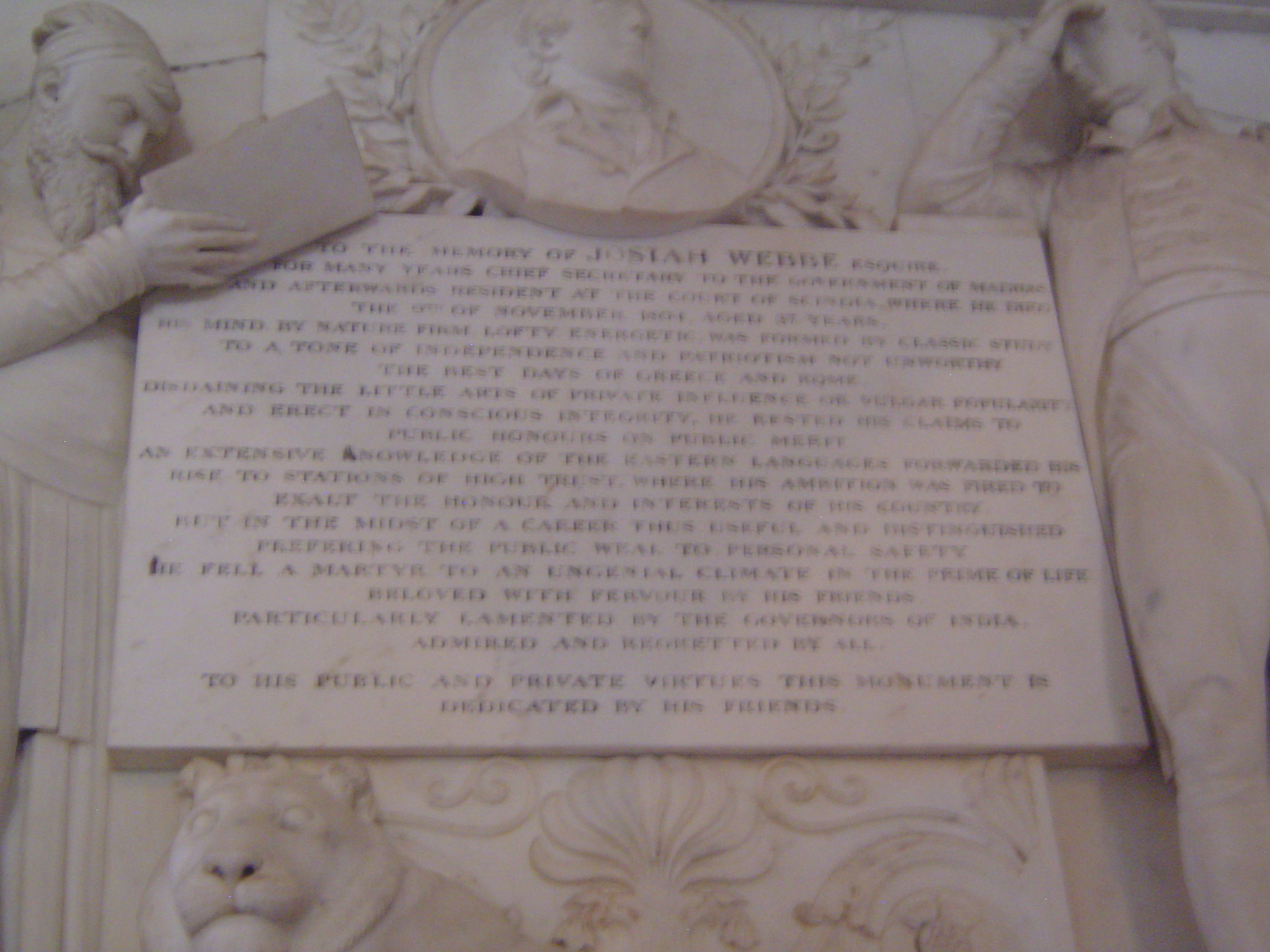 The inscription reads: "To the memory of Josiah Webbe, Esquire, for many years Chief Secretary to the Government of Madras, and afterwards R