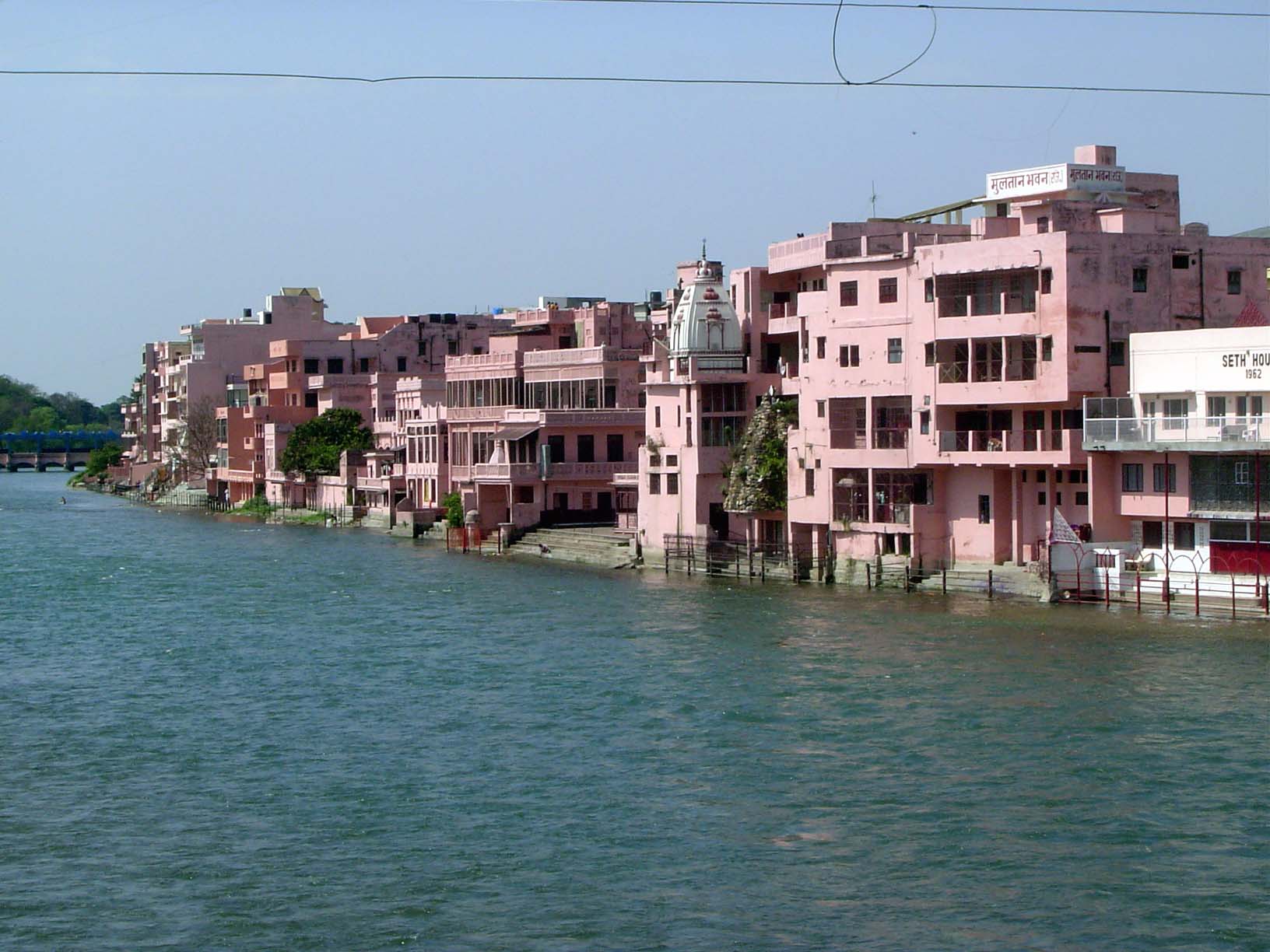 A view of the riverfront, taken from a bridge.