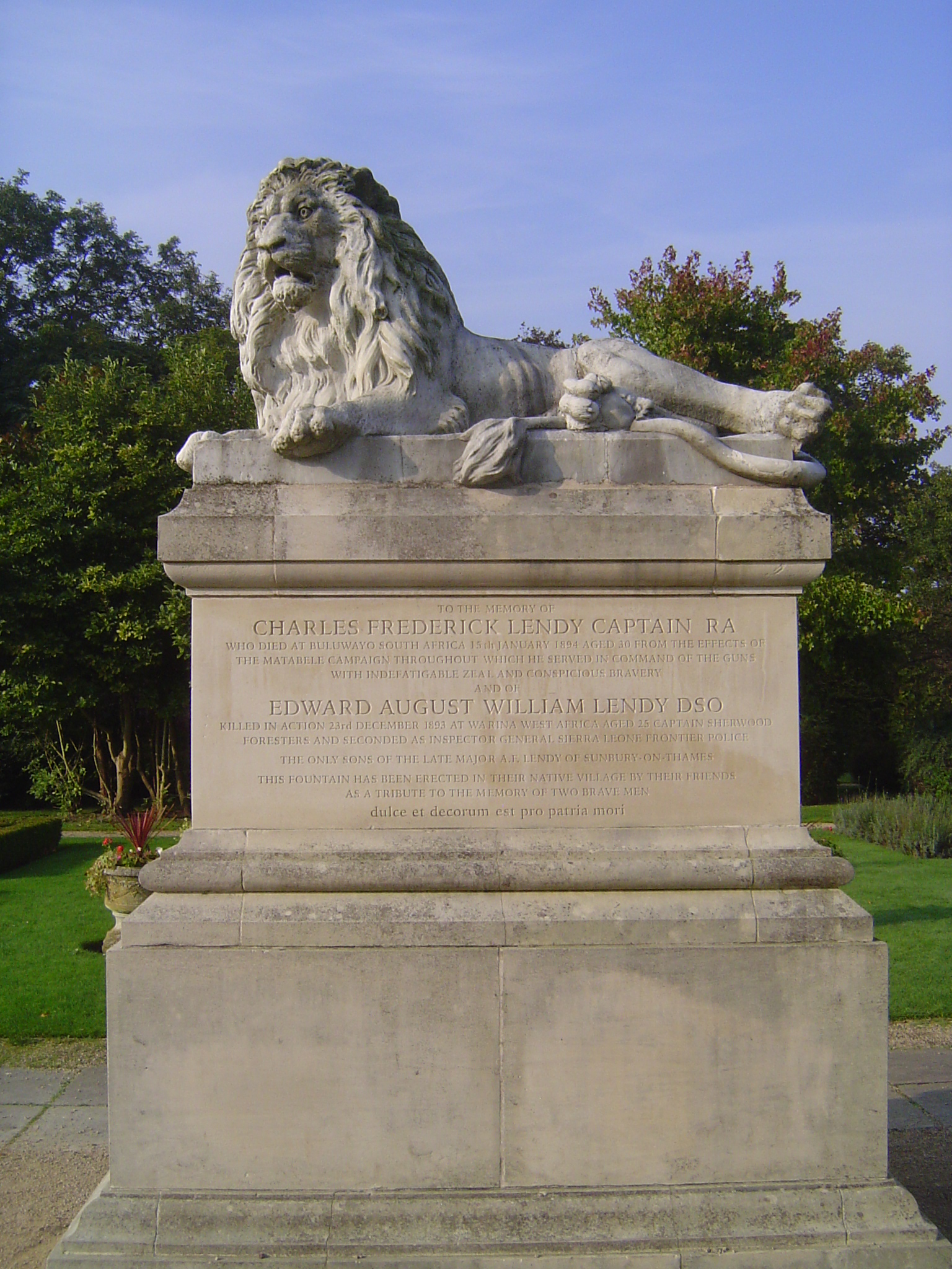To the memory of Charles Frederick Lendy, Captain RA, who died at Bulawayo, South Africa 15th January 1894 aged 30, from the effects of the