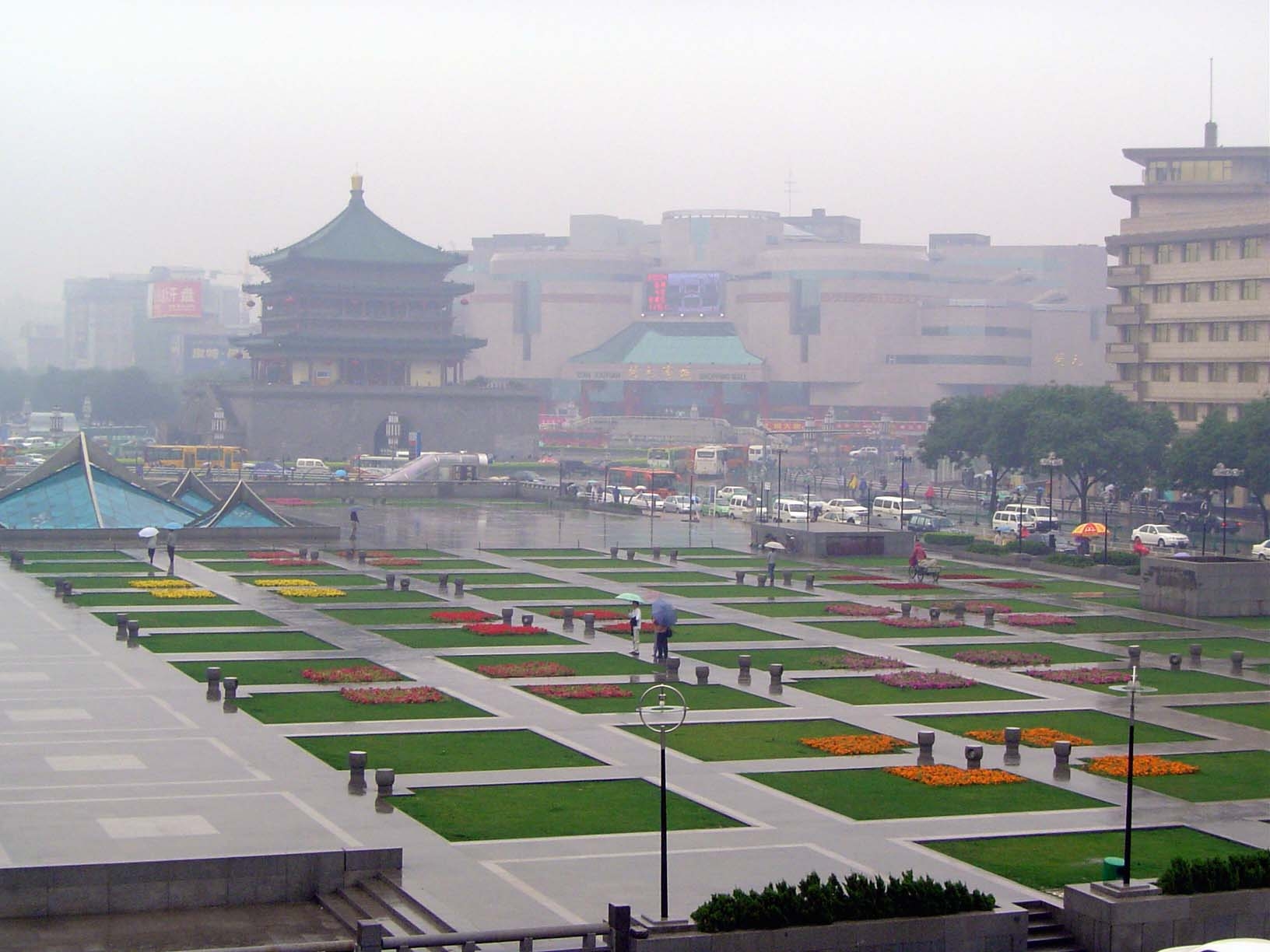 View from the Drum tower over the sterile park between it and the Bell Tower. The buildings on the far side of the park line Xi'an's main ea
