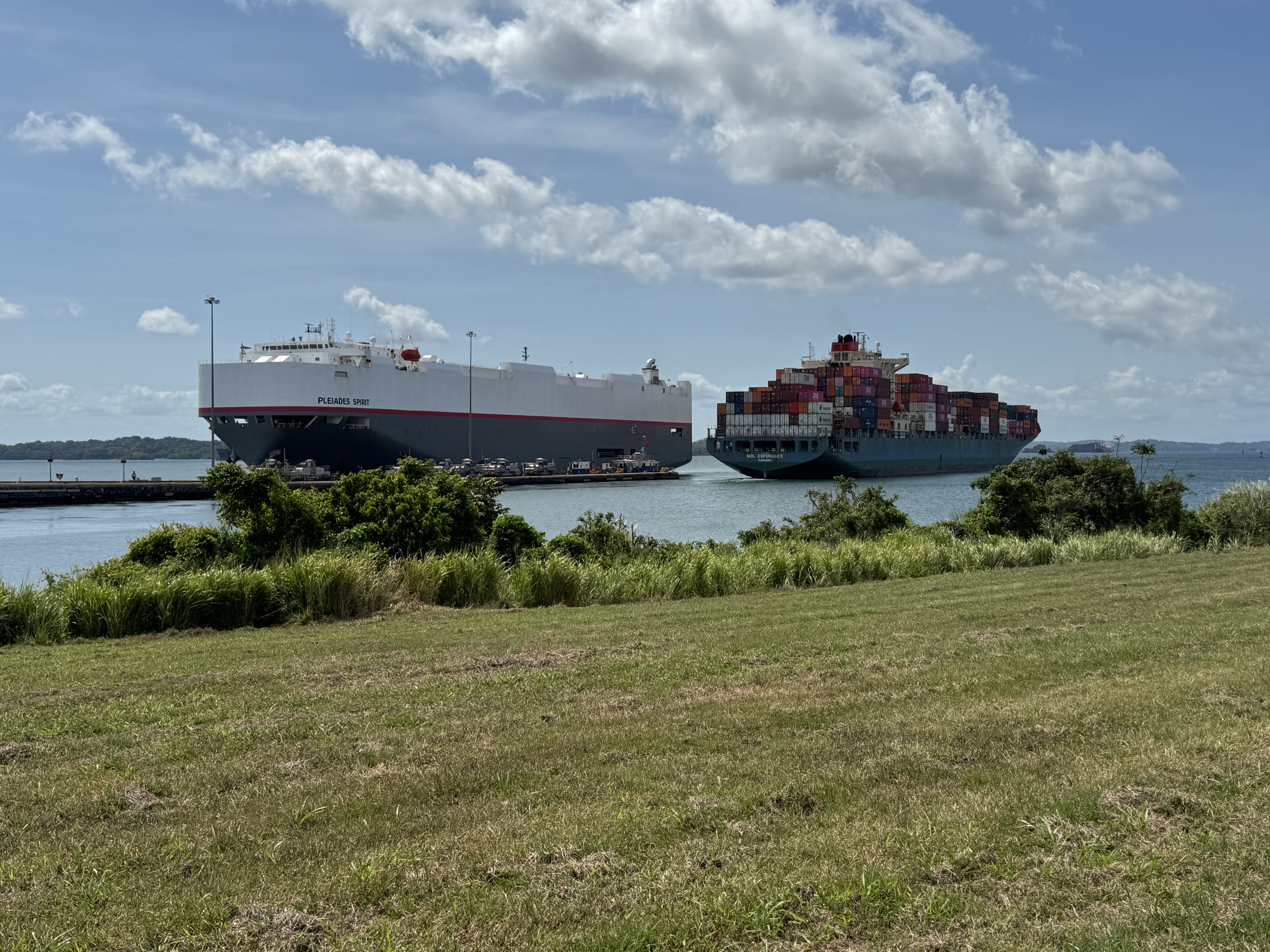 Here's how.  A few minutes later, the ship was entering Gatun Lake, while the Pleides Spirit, a Japanese-owned, Panamanian-flagged car carri