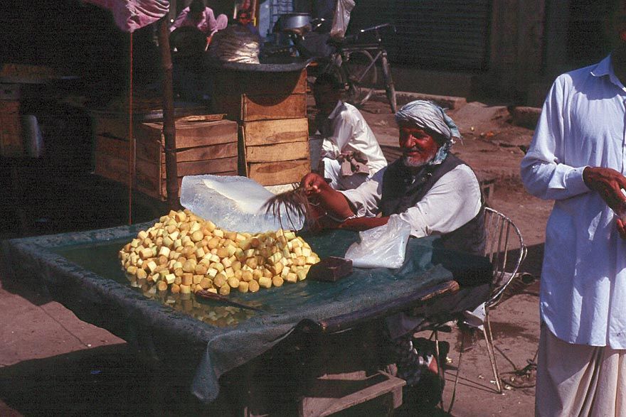 Chilled pineapple chunks? Sugarcane? Have to go back to be sure. The photo was taken in 1985, years earlier than most of the others in this