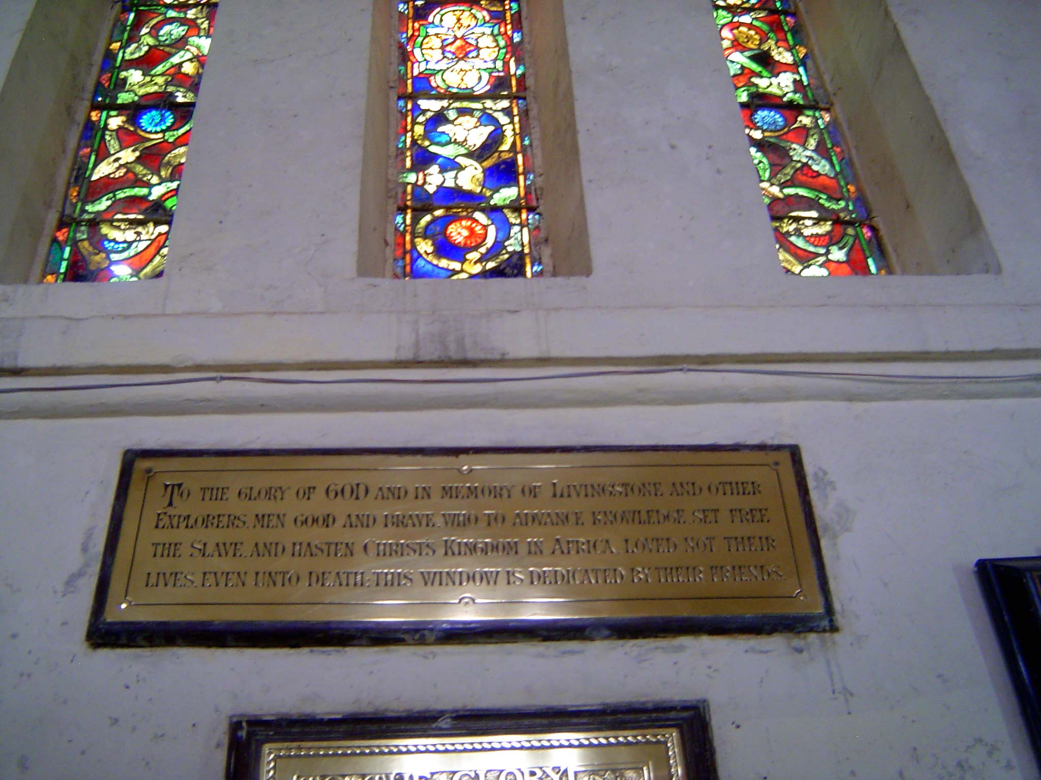 ...in memory of Livingstone and other explorers, men good and brave, who to advance knowledge, set free the slave, and hasten Christ's Kindo