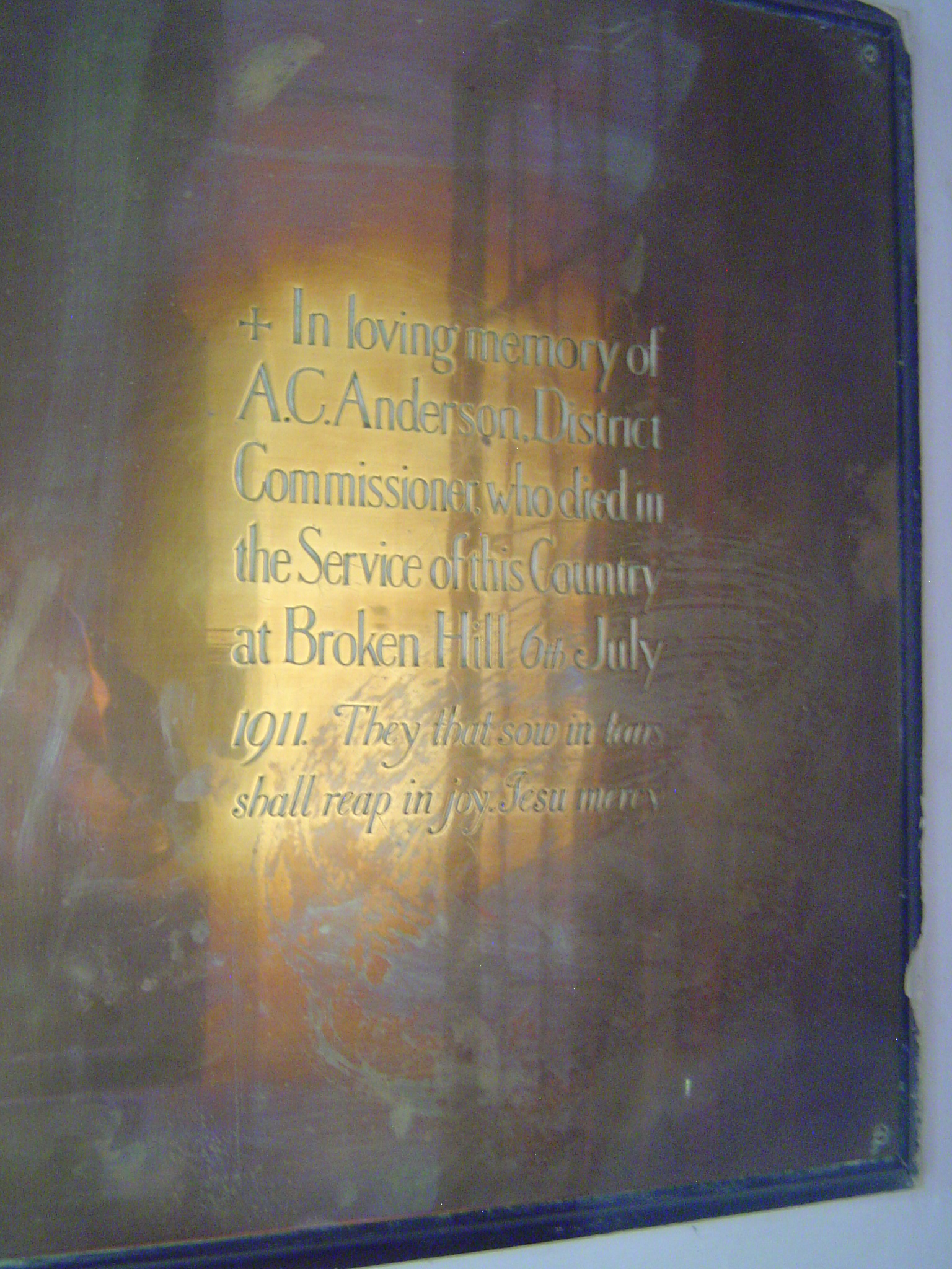 A plaque inside the church. Broken Hill is now Kabwe. So the choice of the quotation from Psalm 126 means that the British saw their work in