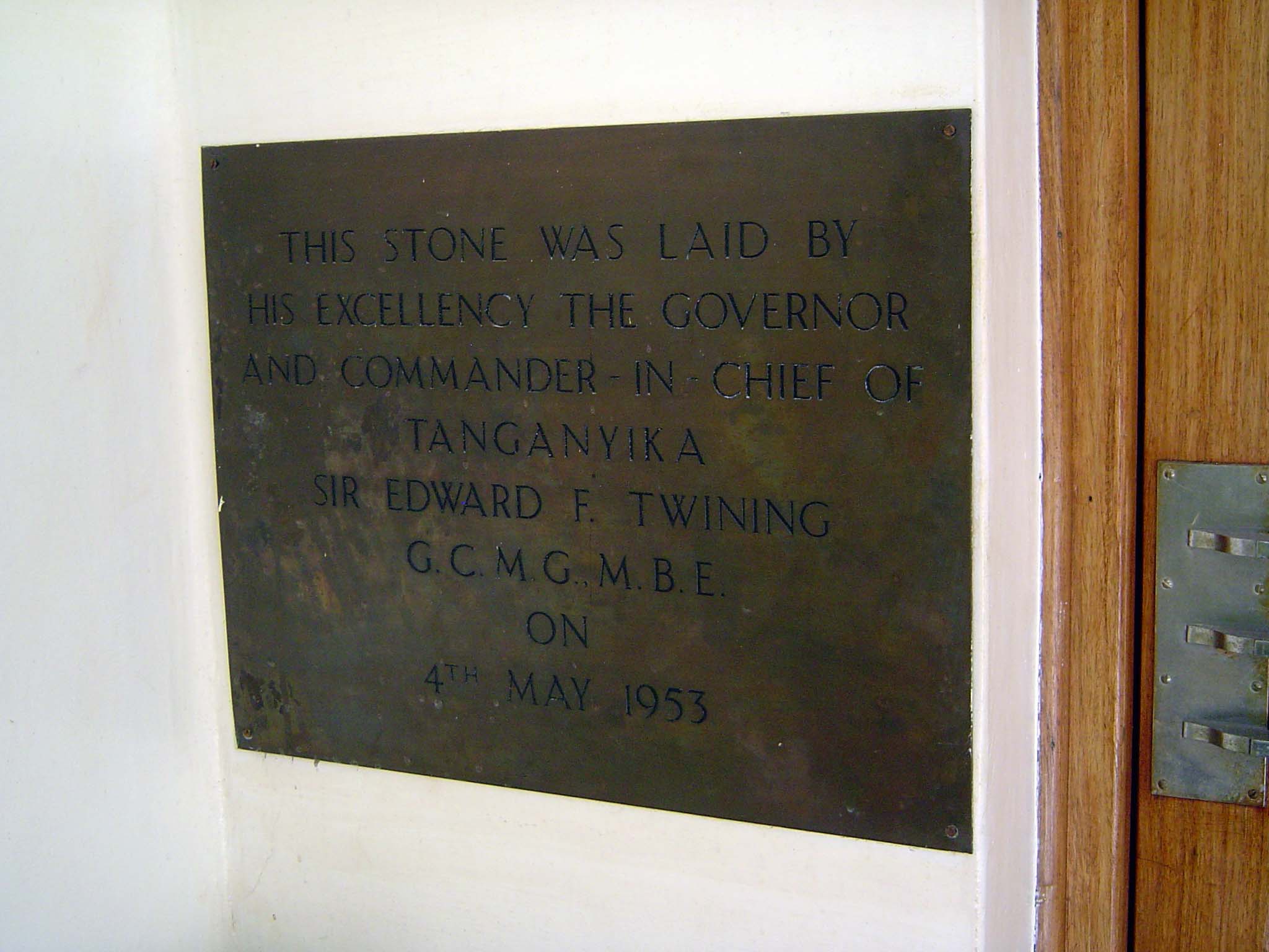 The entrance has this plaque. Twining, a former soldier who arrived here in 1949 from British North Borneo, was governor for nine years, an