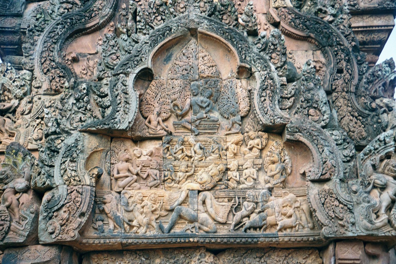 The east pediment of the south library shows the demon-king Ravana shaking Mount Kailash after being denied entrance to this home of Shiva.