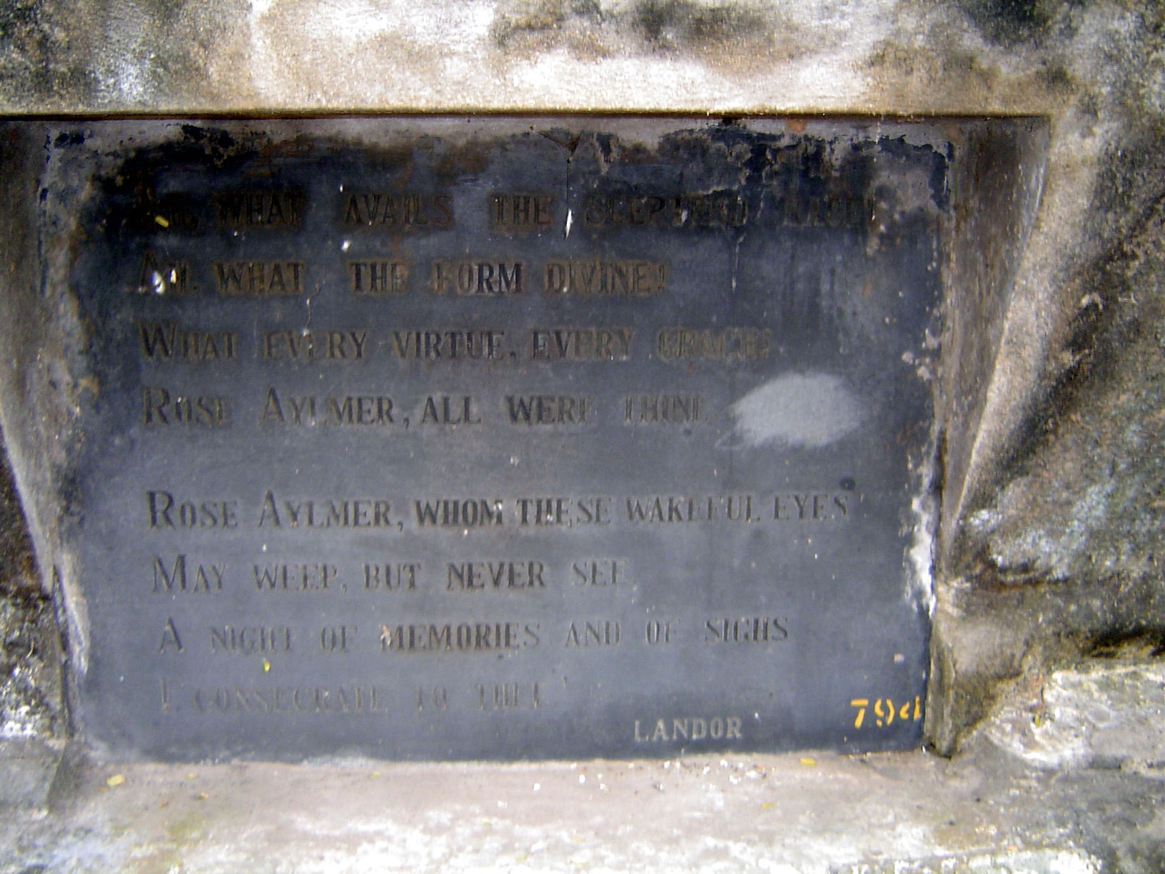 At its base, the famous poem that Walter Savage Landor wrote in memory of Rose Aylmer. Another stone on the tomb is much less familiar. It r