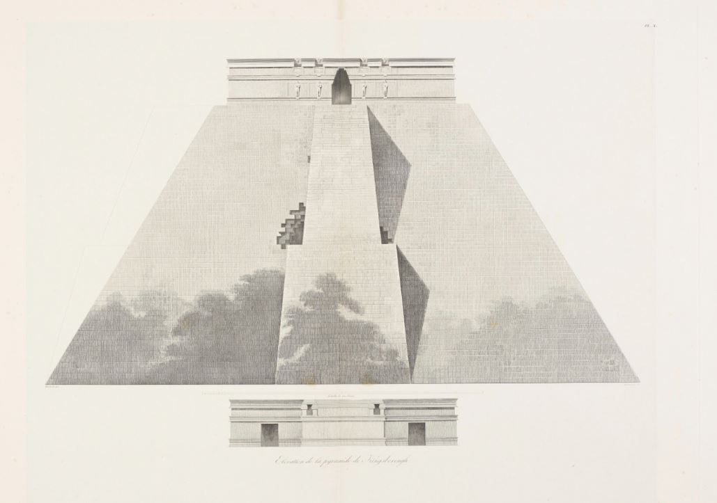 And here is the same pyramid as drawn by Jean Frédérick Maximilien Waldeck.  It was published in 1838, before either of the other two, and a