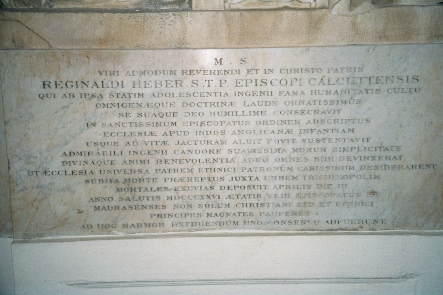 Part of the 1830 memorial to a peregrinating Bishop of Calcutta who, after 16 years as a parish priest in Shropshire, arrived in India at ag