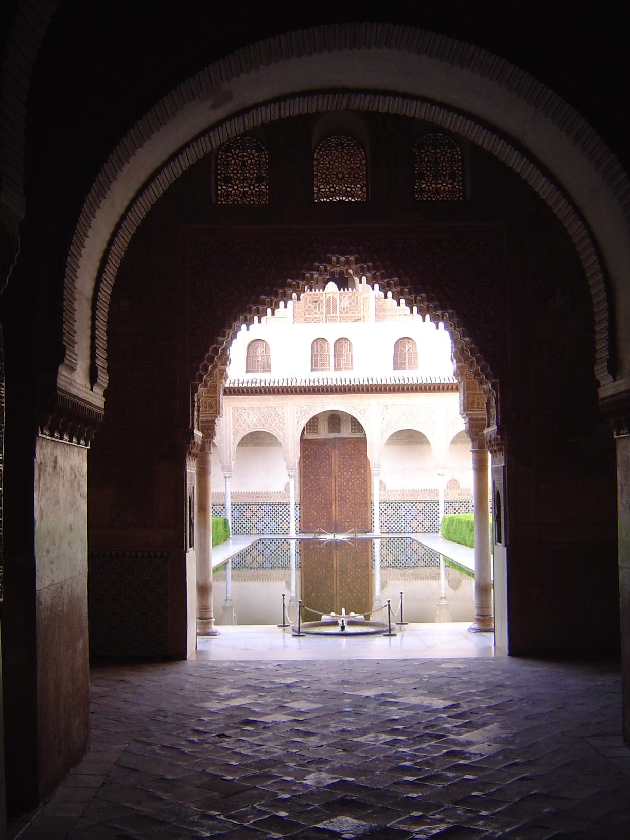 A third view of the same courtyard, this time from the Sala de la Barca, a summer bedroom looking south to the patio; behind the camera is t