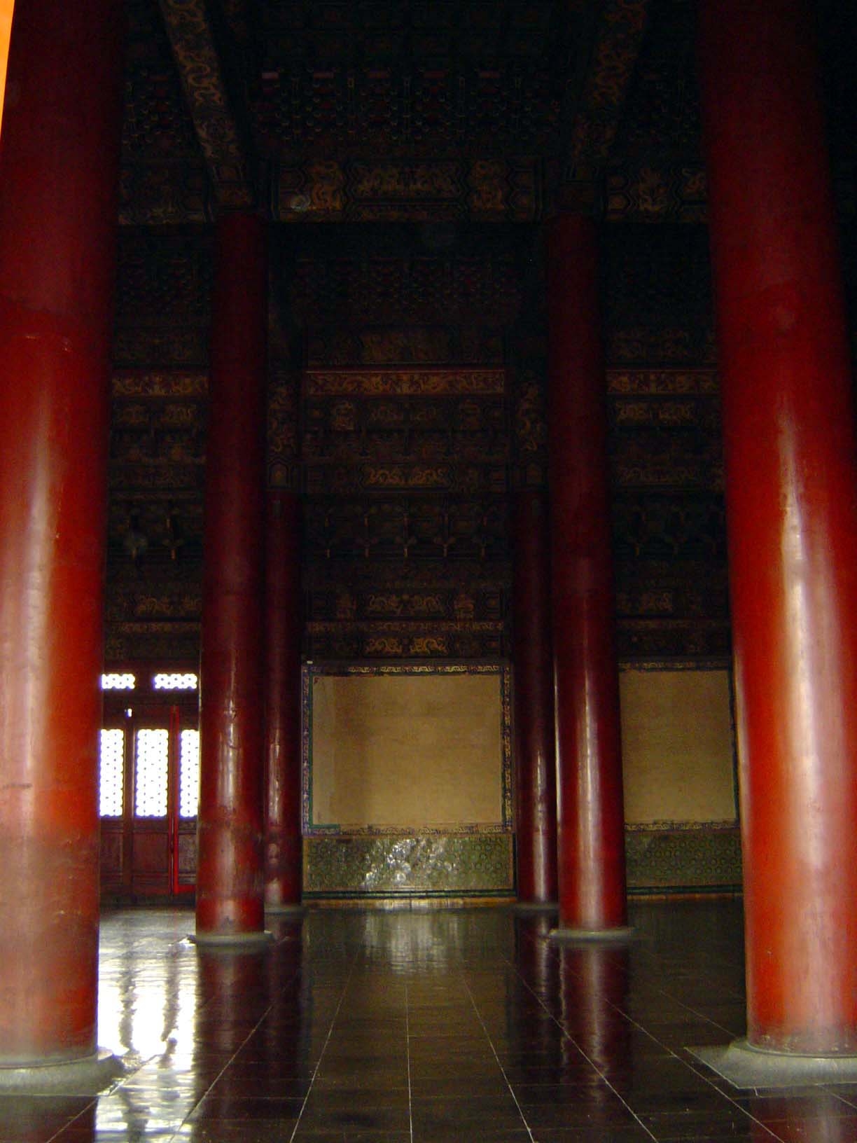 The massive roof of the Hall of Supreme Harmony is supported by Phoebe nanmu logs. Thousands were imported from Sichuan, mostly by floating