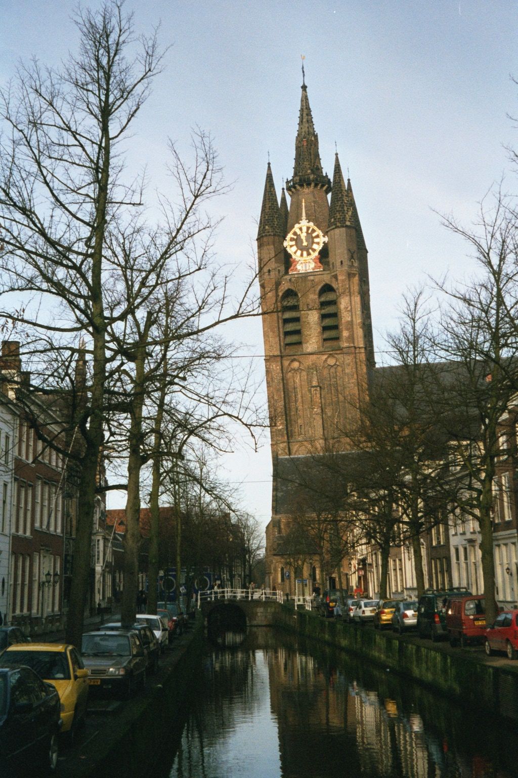 Oude Kerk, its "toren" leaning over Oude Delft canal. The tower probably leans because the Oude Delft canal was moved slightly to make room