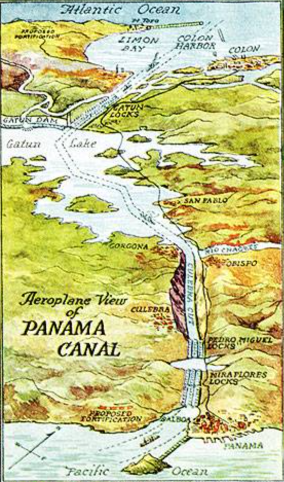Here's a simple but clear picture of the Panama Canal as Stevens planned it and as it was built.  Ships entering from the Pacific side fir