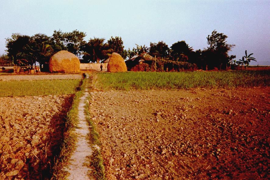 The countryside is more interesting than the house. This is a dry season picture, with fallow fields and mounds of rice straw in the backgro