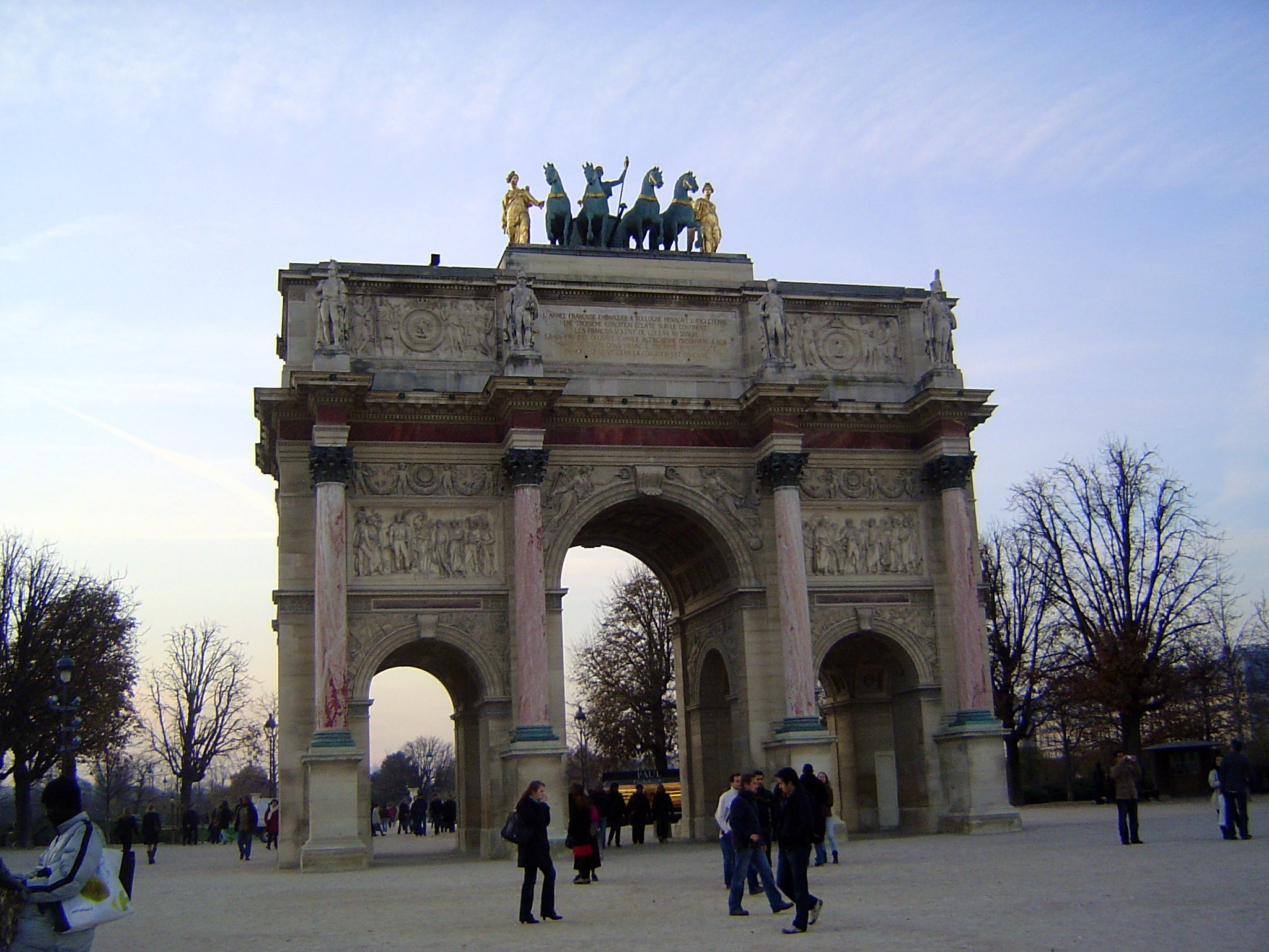 We begin not with the Arc de Triomphe but with an arch half its size. This is the Arc de Carrousel, about three kilometers to the southeast