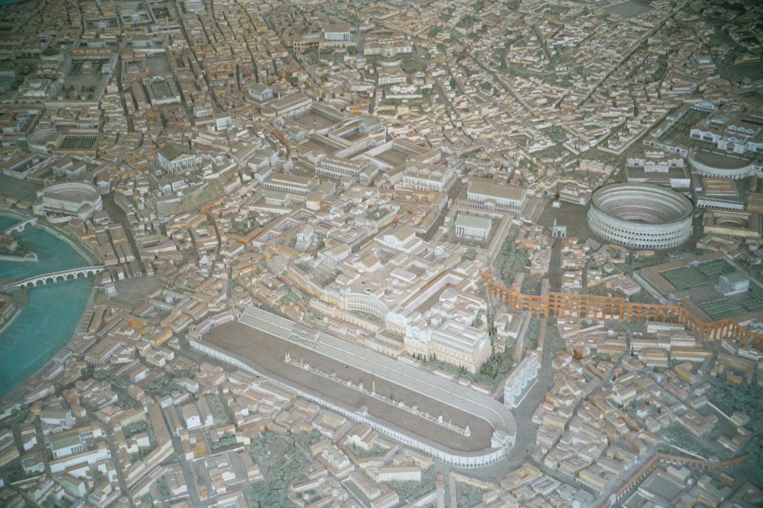 A model of classical Rome with the Circus Maximus, the Colosseum, and the fora to its left.