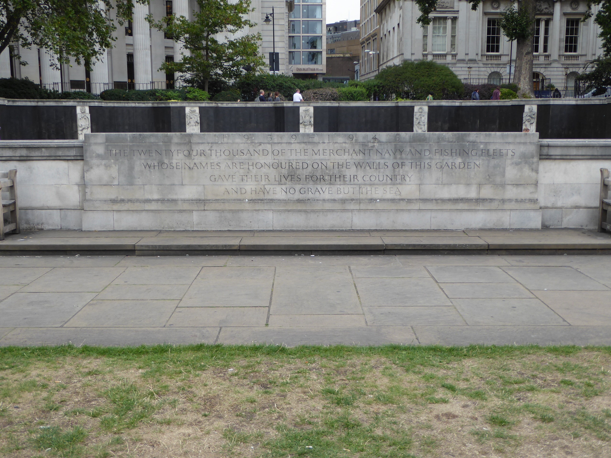 Trinity Square Gardens, near the Tower of London. By Edward Maufe, the sunken garden behind the wall lists the 24,000 men of the merchant ma