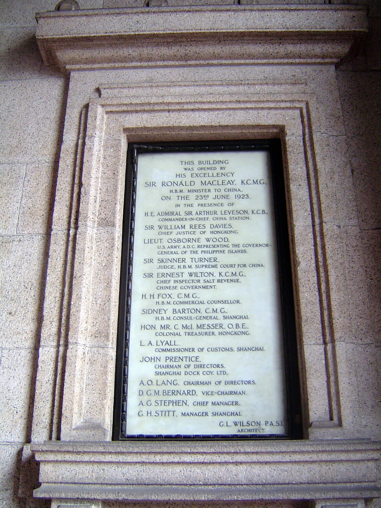 Portico plaque. The architect, George Wilson, asked for an extra $1 million "to enhance the building." He was told to "spare no expense but