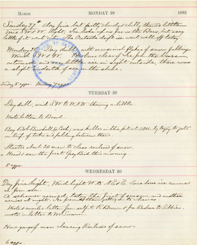 The younger Brown looks less driven but more meticulous than his father.  Here's a page of his meticulous journal.   Notice the entry for th