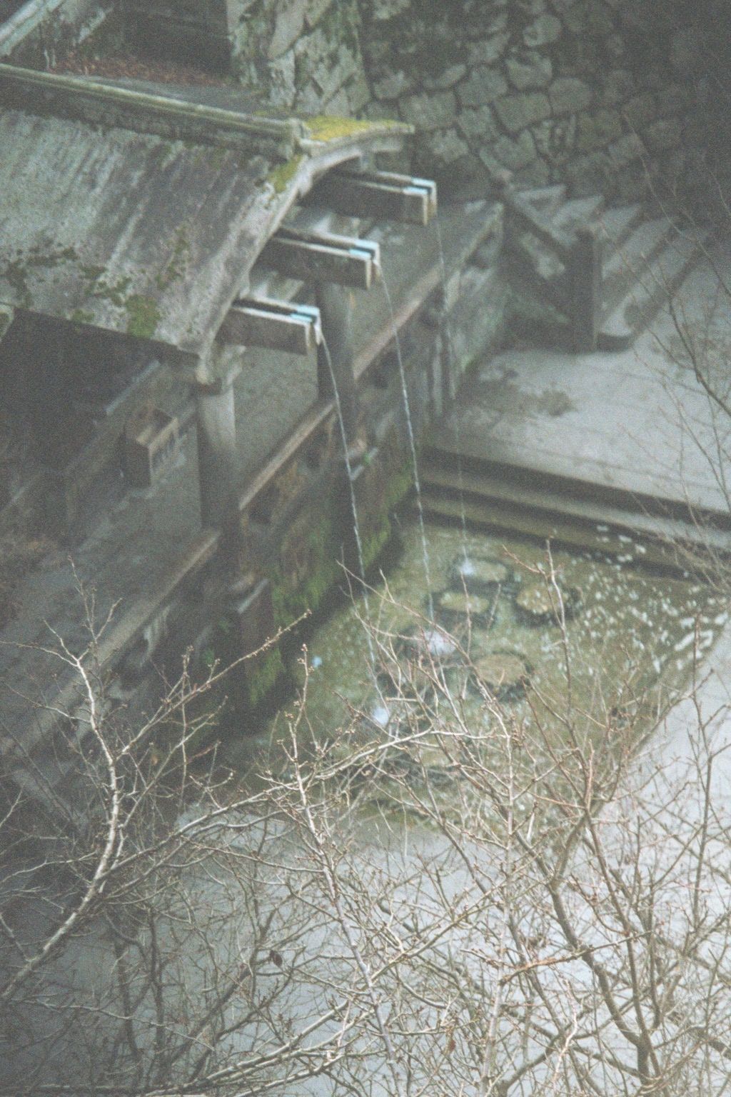 Looking over the railing of the temple and down to the Otawa-no-taki, or "sound of feathers waterfall." It's the source of the "pure water"