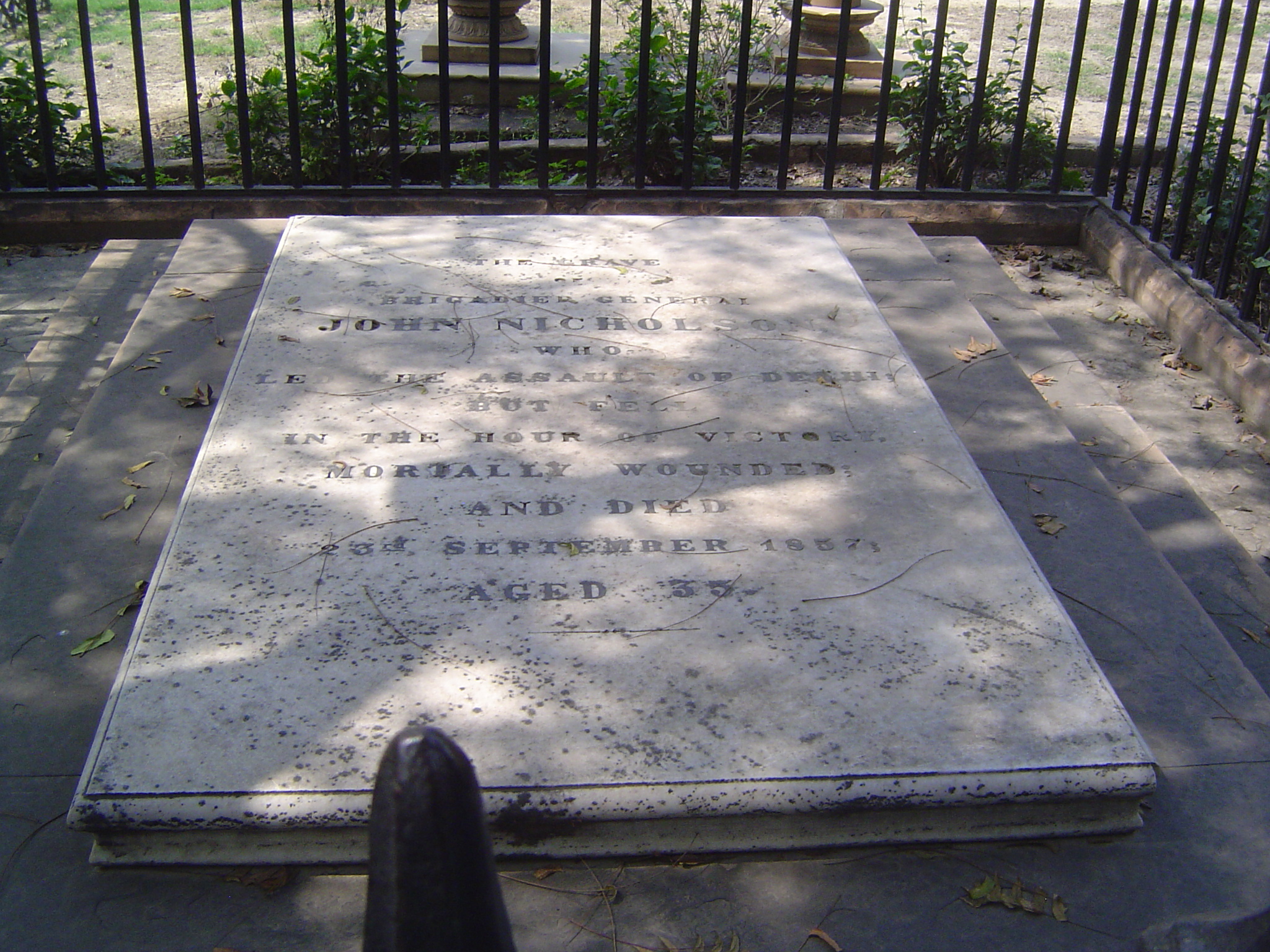 General John Nicholson, "who led the assault on Delhi but fell in the hour of victory, mortally wounded, and died... aged 35."