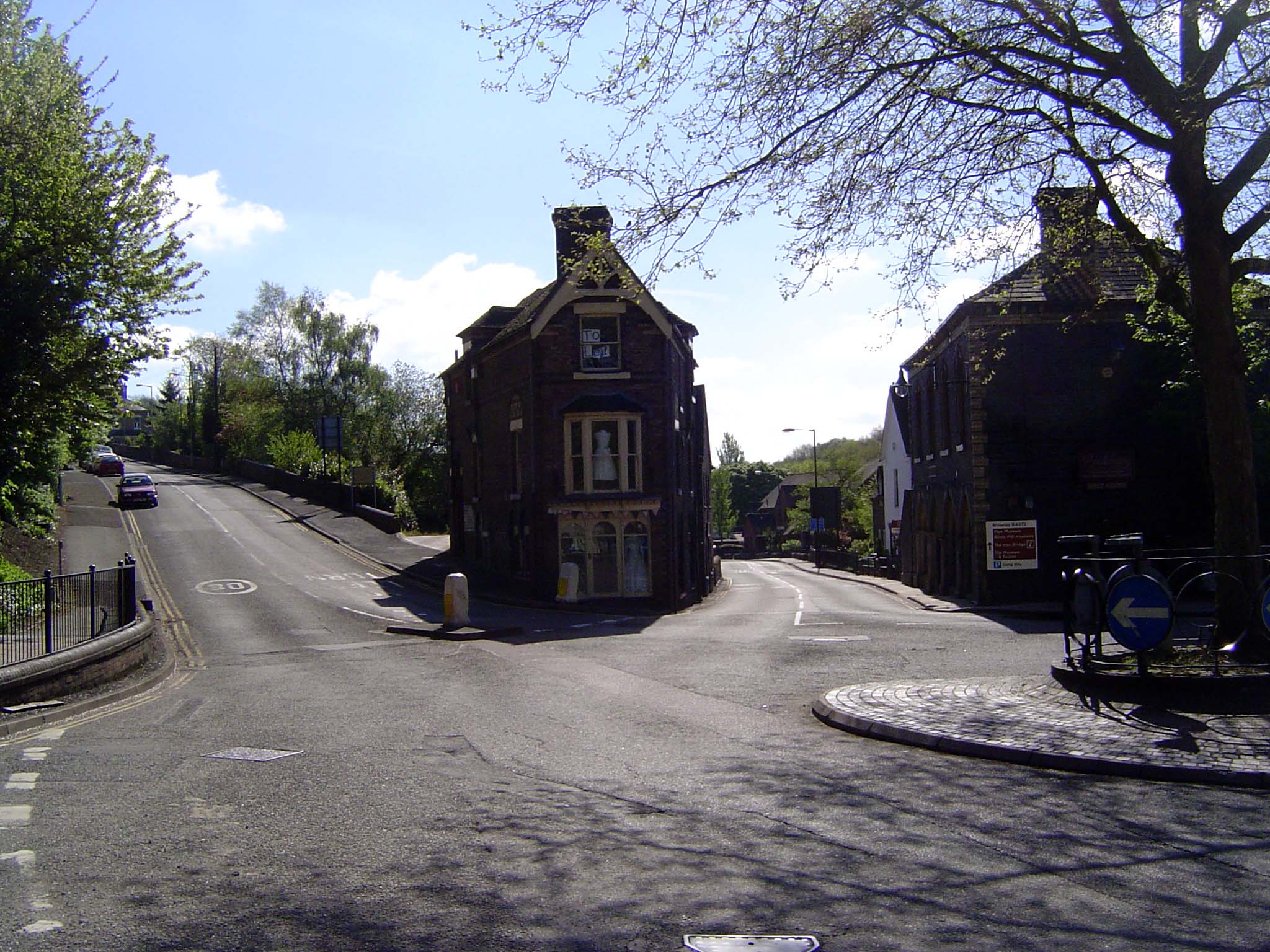 To get to the church, we have to pass the traffic circle that once funneled traffic onto the bridge. The town of Ironbridge has about 2,500