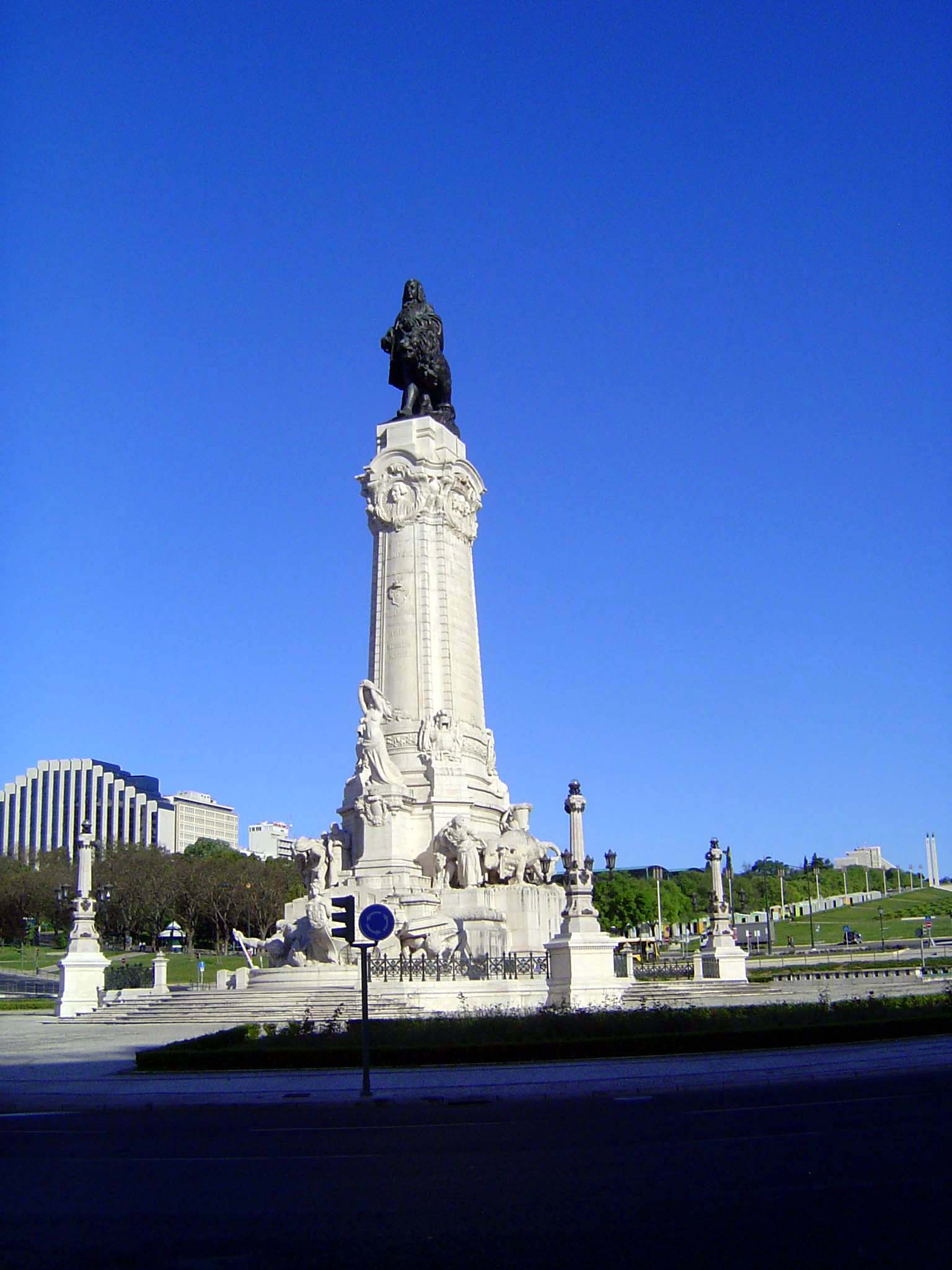 At the head of the rebuilt city's main axis, the Marqués de Pombal.